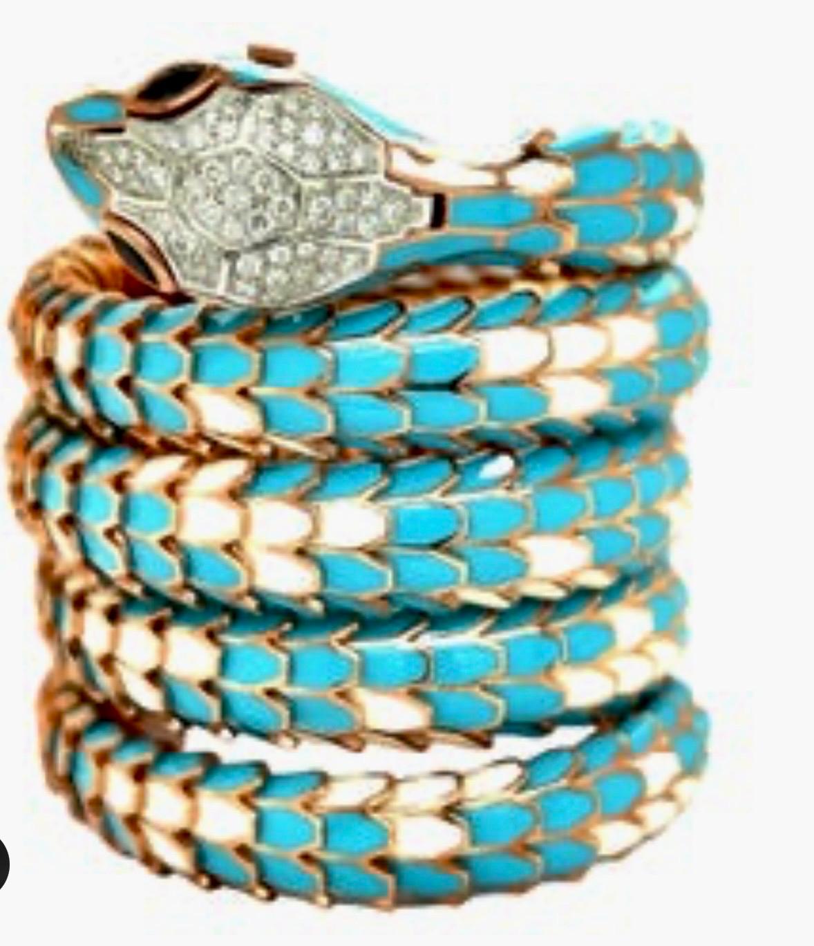 Taille ronde SNAKE COLLECTION , Turquoise & Whiting  BRACELET SERPENT , Diamants, 18K & Sterling en vente