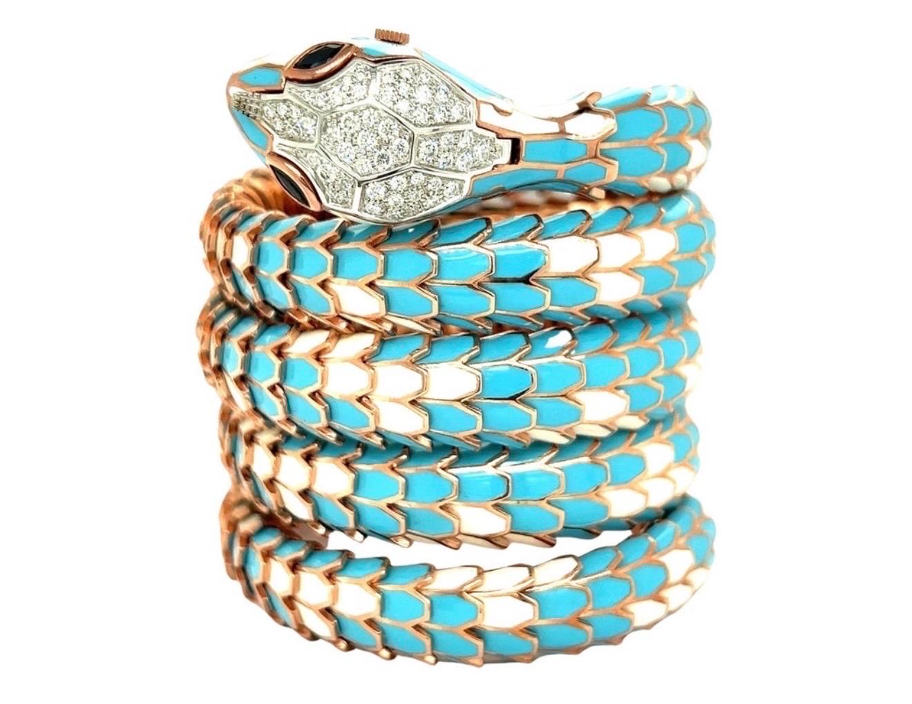 SNAKE COLLECTION , Turquoise & Whiting  BRACELET SERPENT , Diamants, 18K & Sterling en vente 1