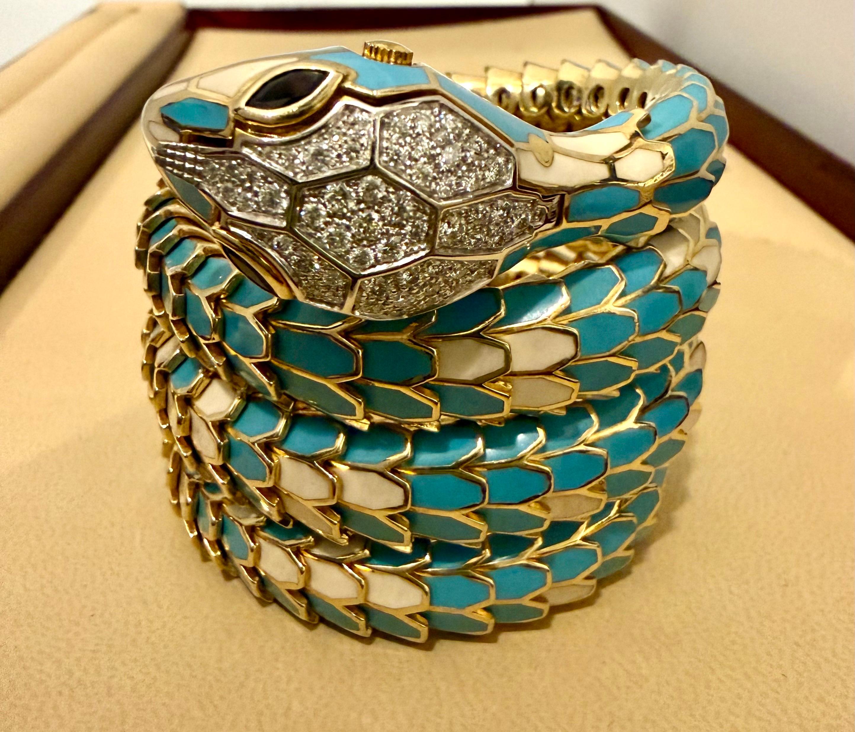 SNAKE COLLECTION , Turquoise & Whiting  BRACELET SERPENT , Diamants, 18K & Sterling en vente 3