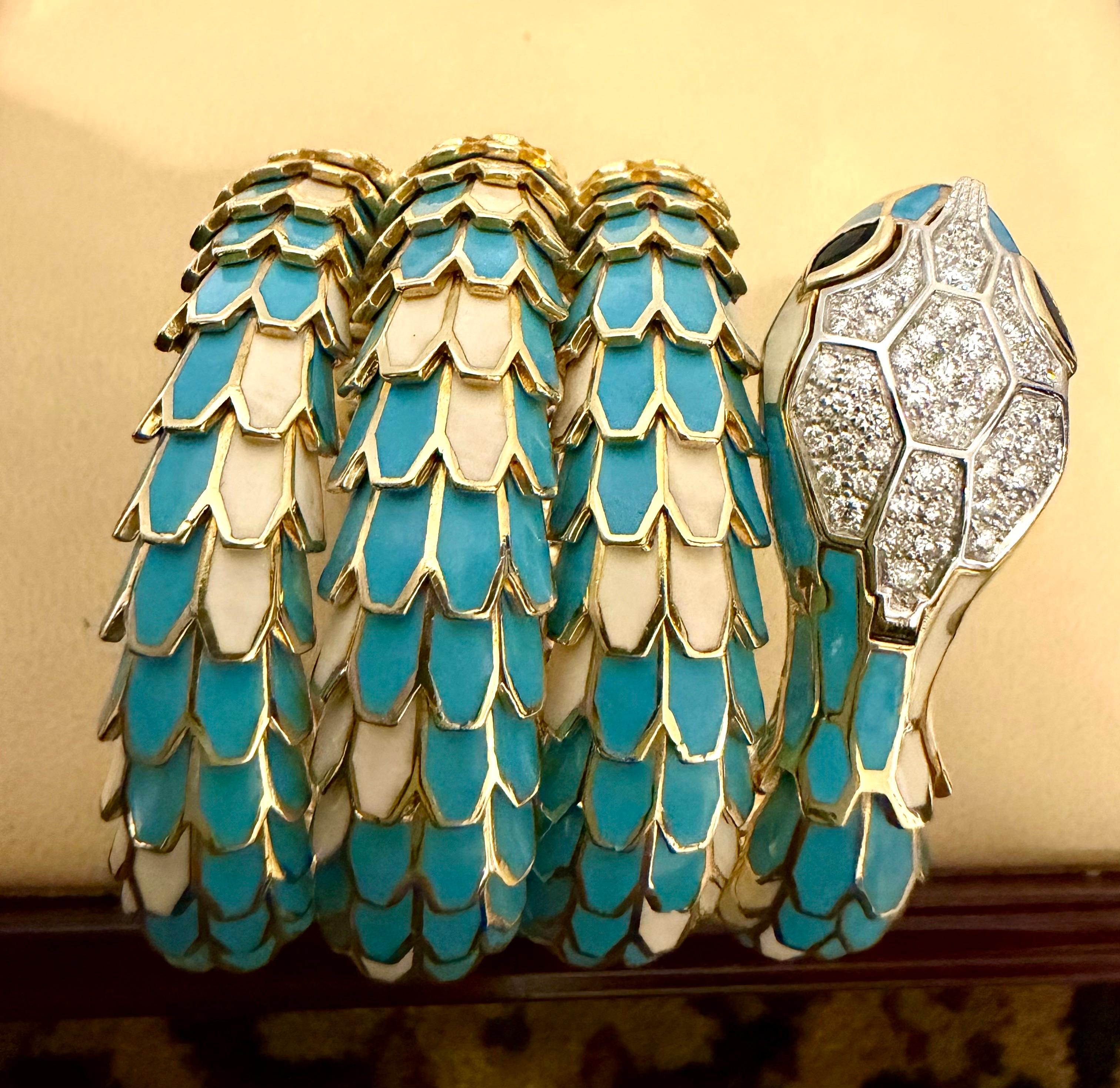 SNAKE COLLECTION , Turquoise & Whiting  BRACELET SERPENT , Diamants, 18K & Sterling en vente 4