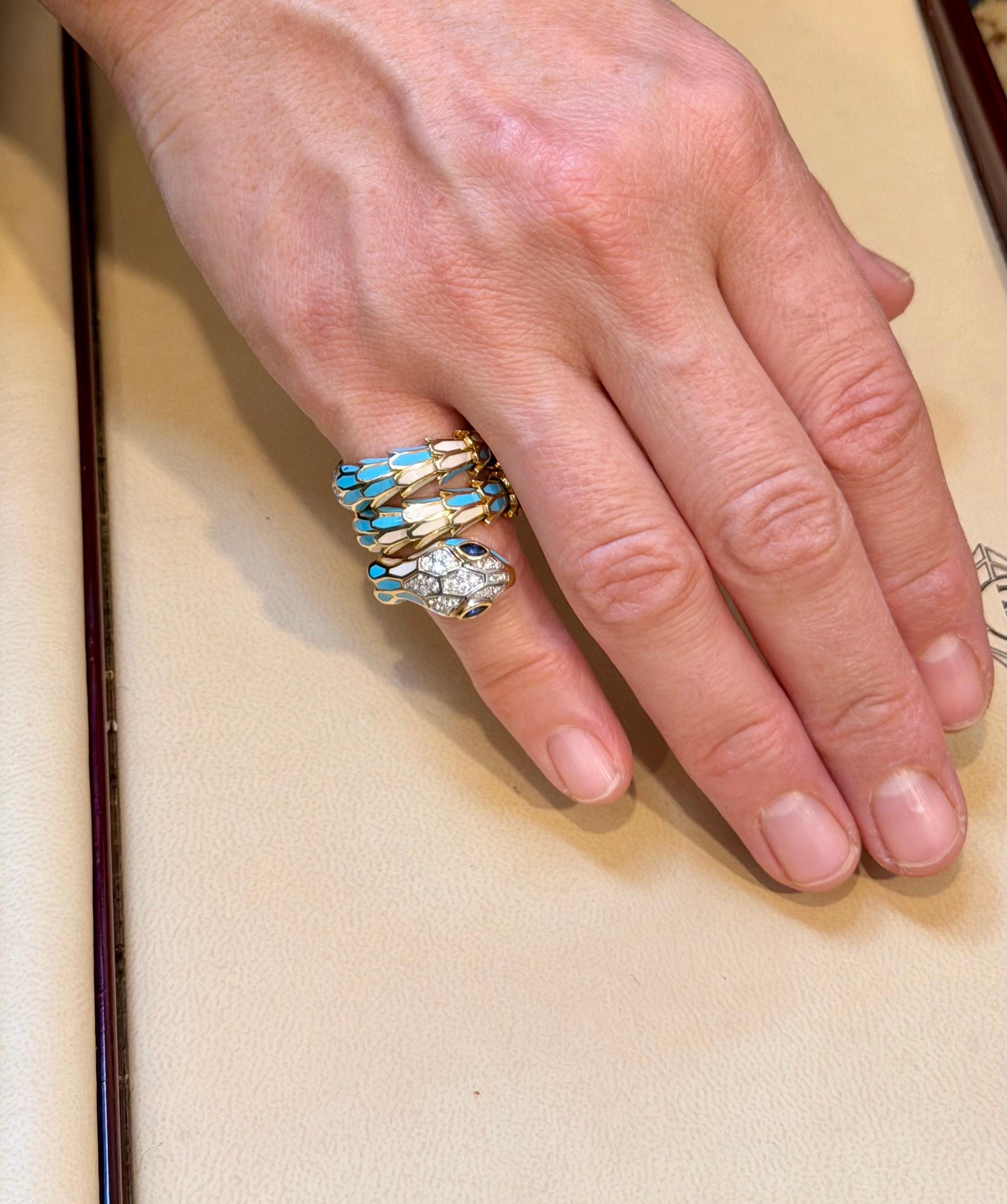 SNAKE COLLECTION , Turquoise & Whiting  Bague serpent, diamants, 18K et sterling en vente 6