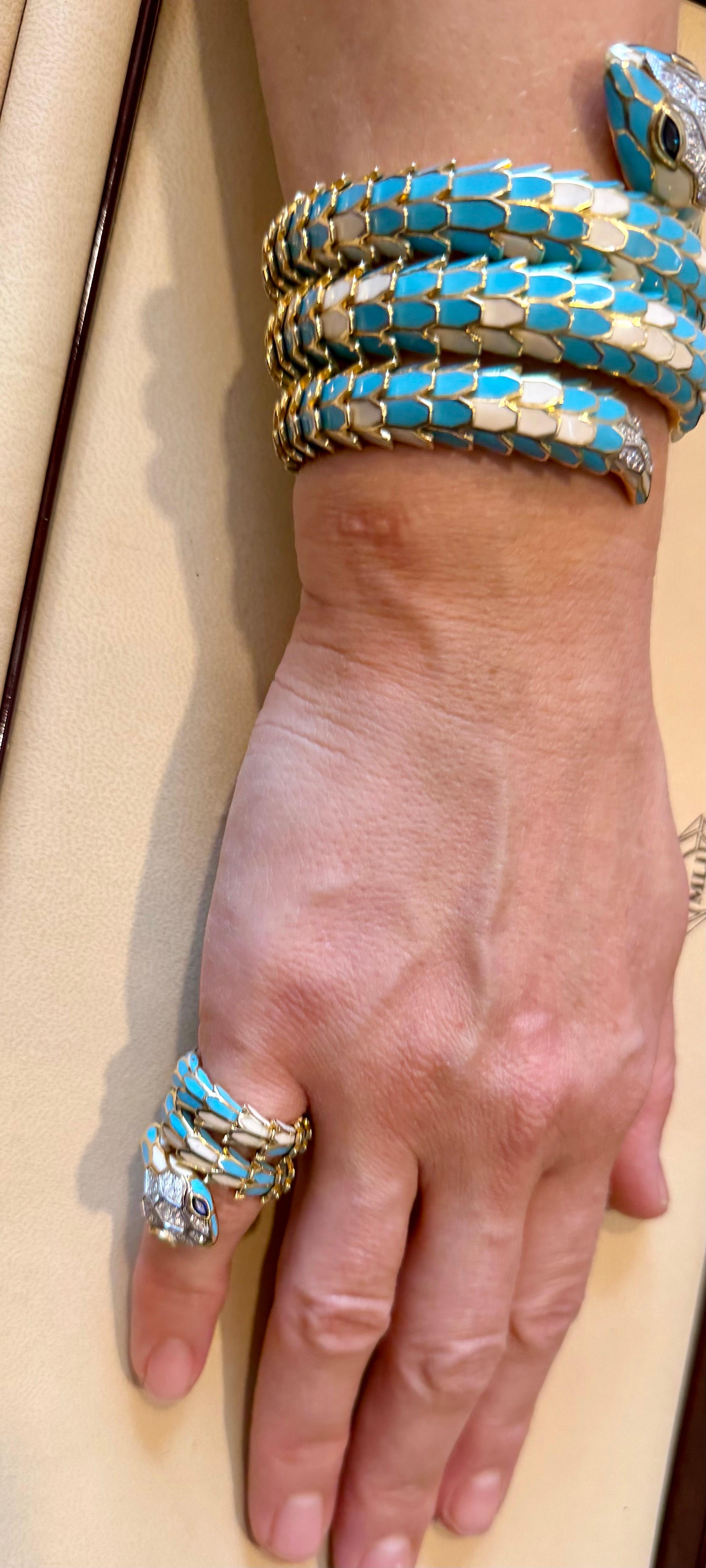 SNAKE COLLECTION , Turquoise & Whiting  Bague serpent, diamants, 18K et sterling en vente 7