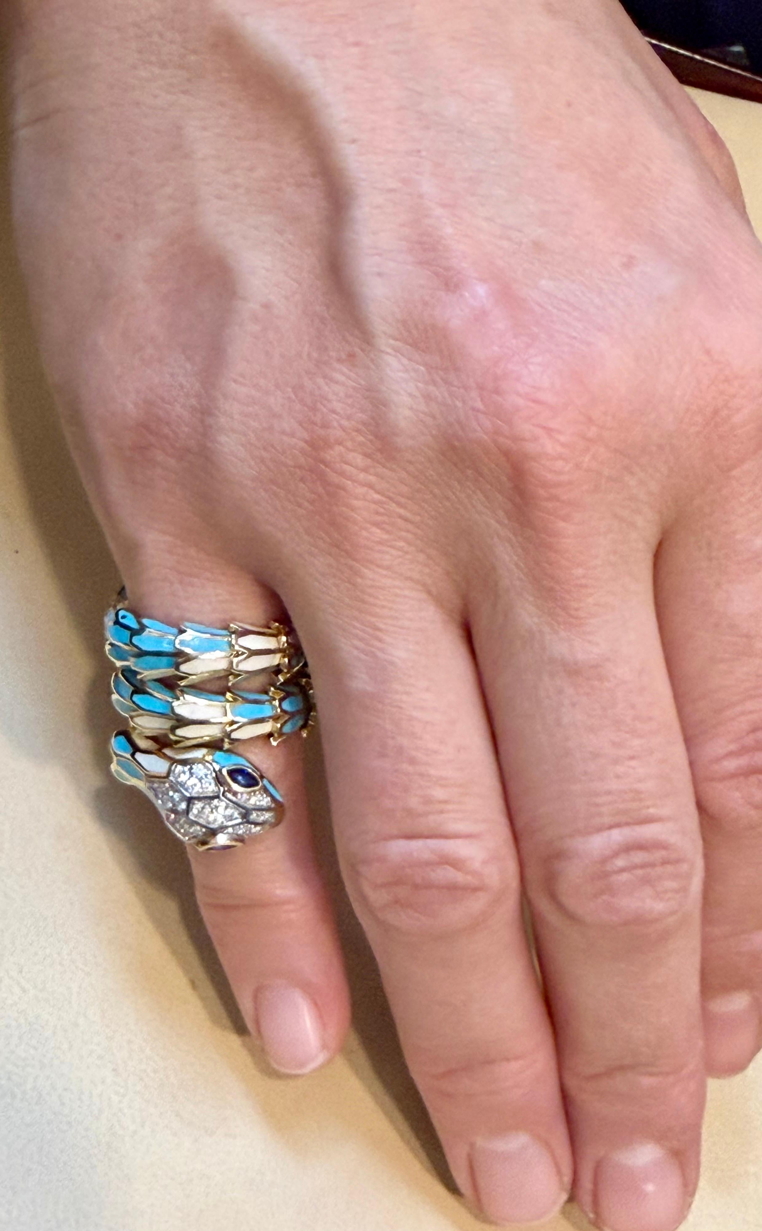 SNAKE COLLECTION , Turquoise & Whiting  Bague serpent, diamants, 18K et sterling en vente 8