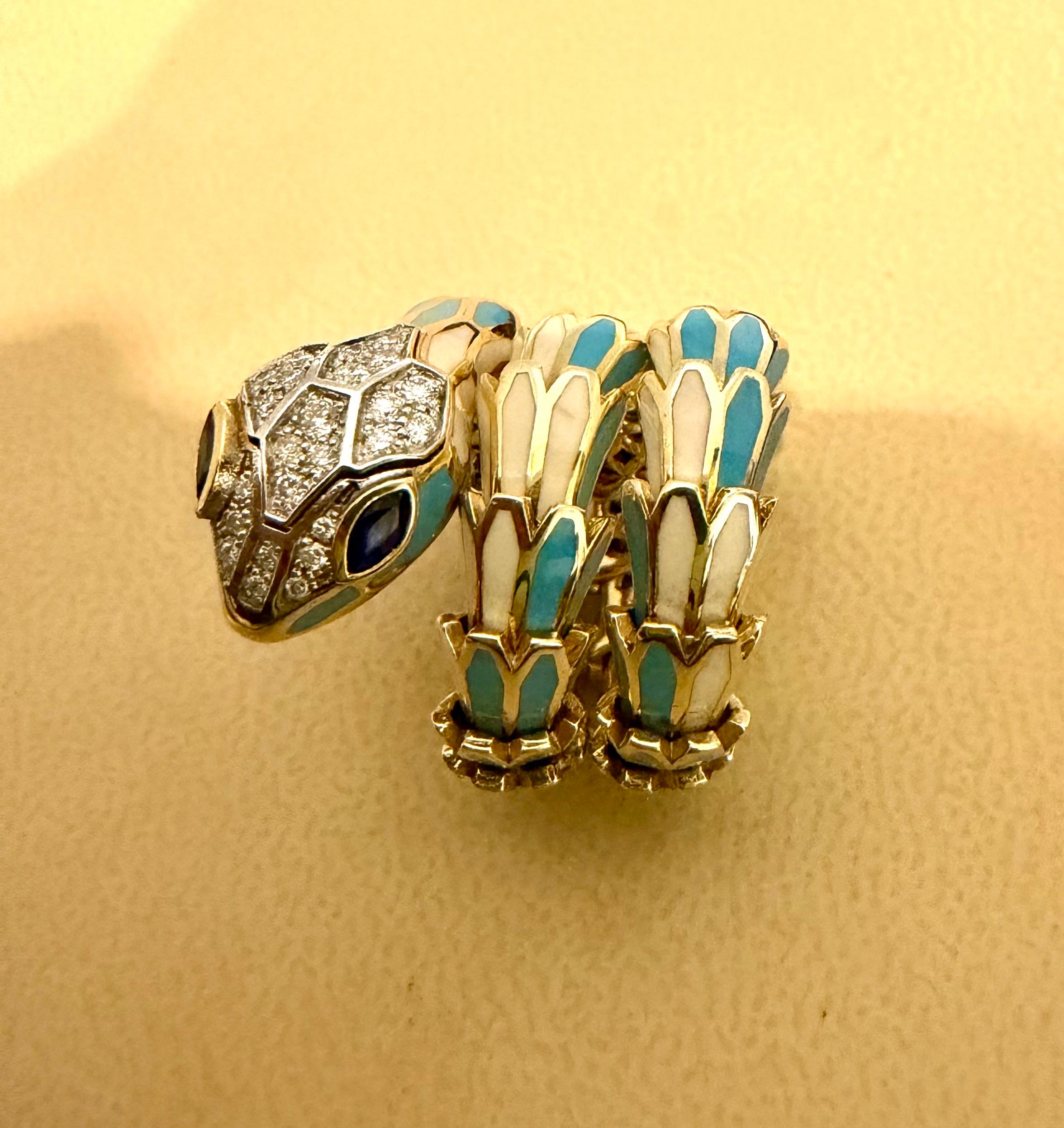 Taille ronde SNAKE COLLECTION , Turquoise & Whiting  Bague serpent, diamants, 18K et sterling en vente