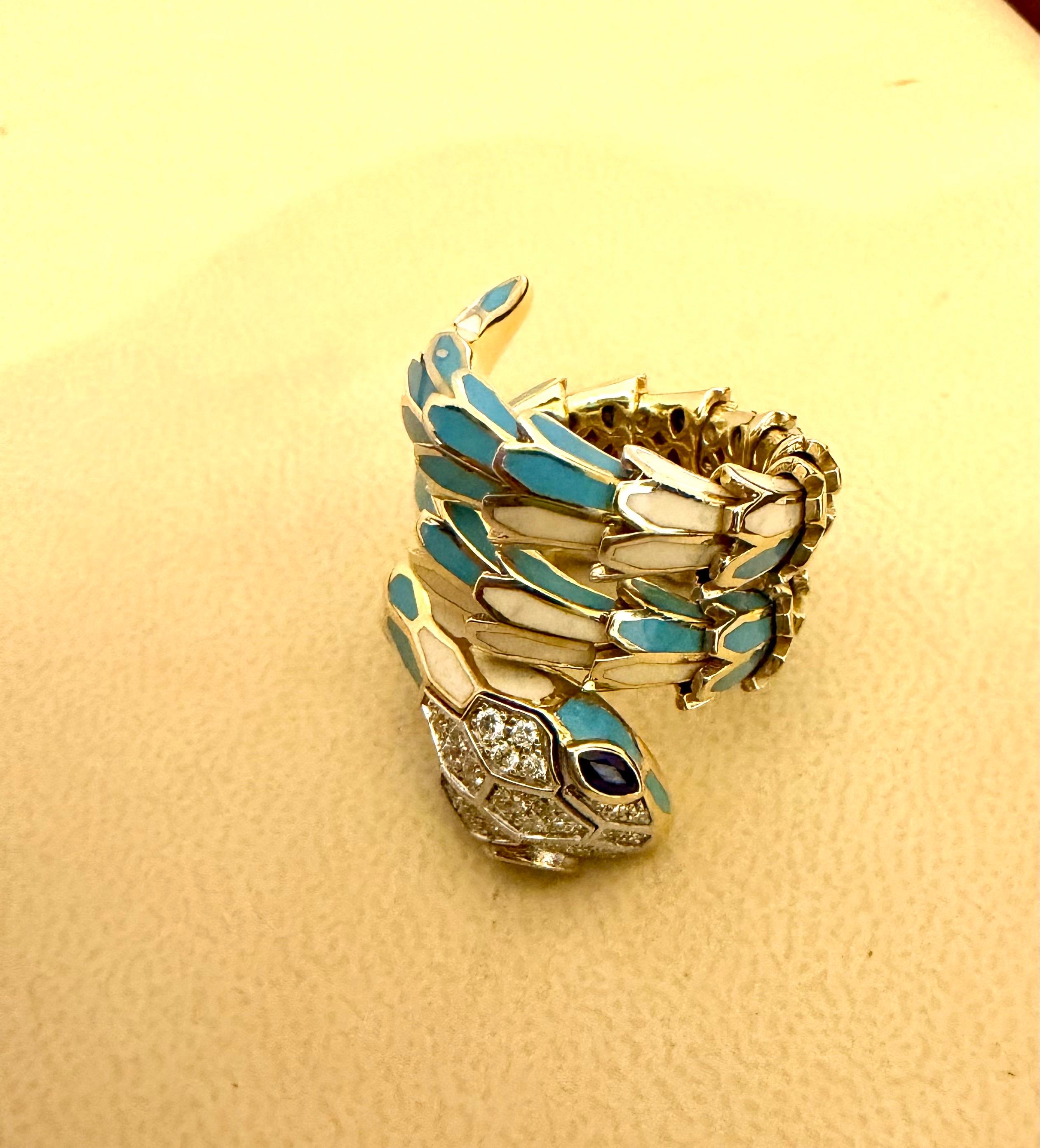 SNAKE COLLECTION , Turquoise & Whiting  Bague serpent, diamants, 18K et sterling Pour femmes en vente