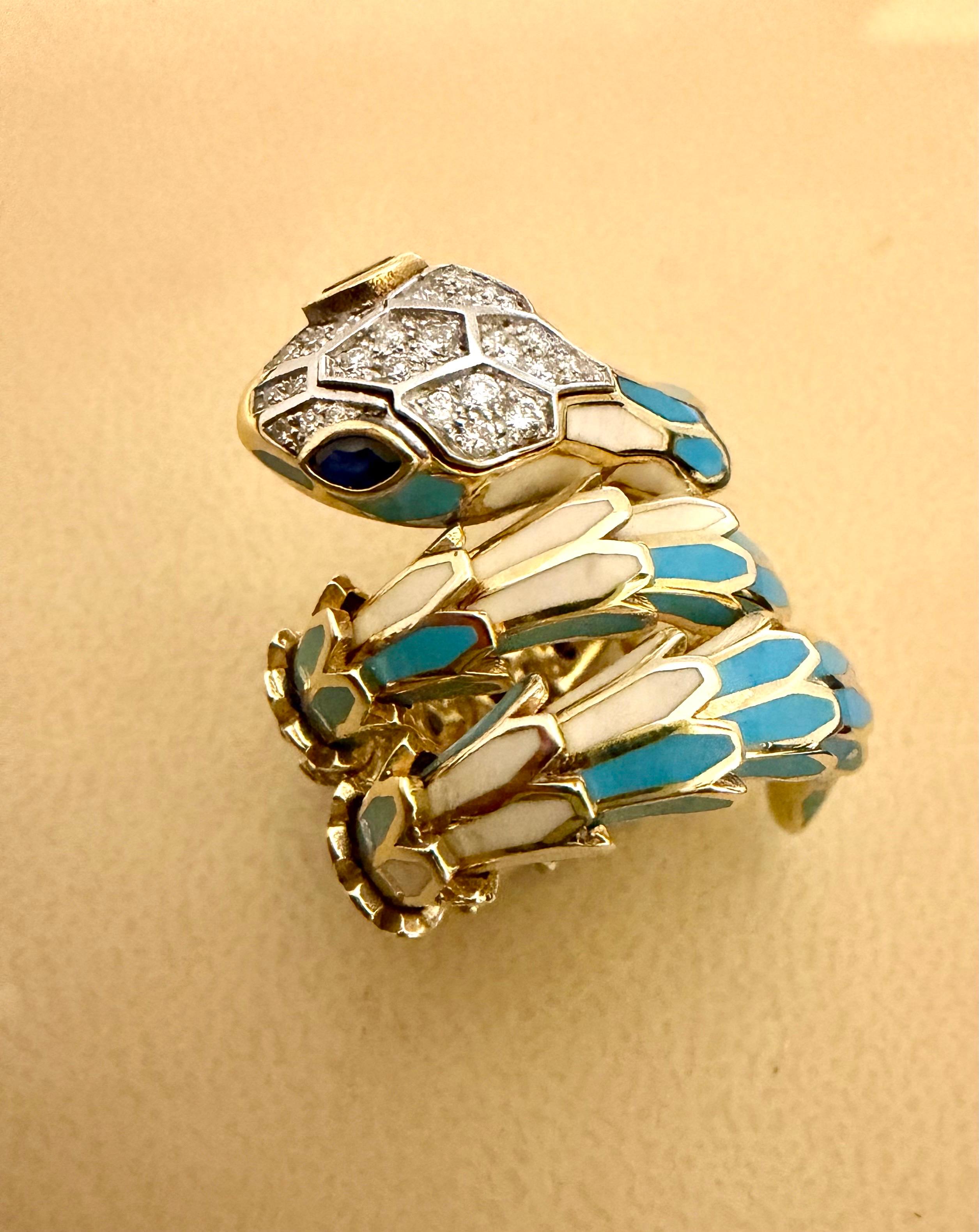 SNAKE COLLECTION , Turquoise & Whiting  Bague serpent, diamants, 18K et sterling en vente 1