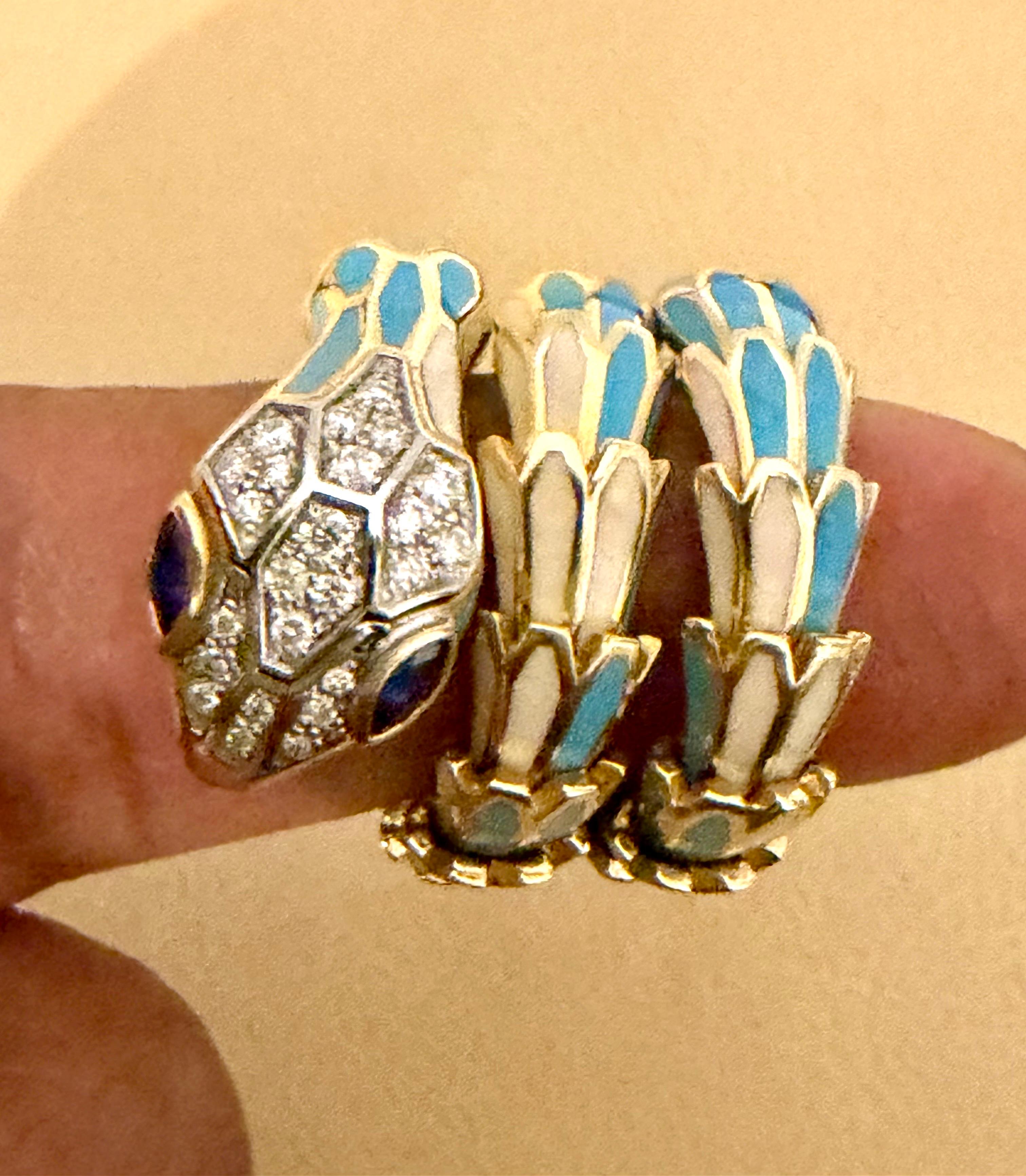 SNAKE COLLECTION , Turquoise & Whiting  Bague serpent, diamants, 18K et sterling en vente 2