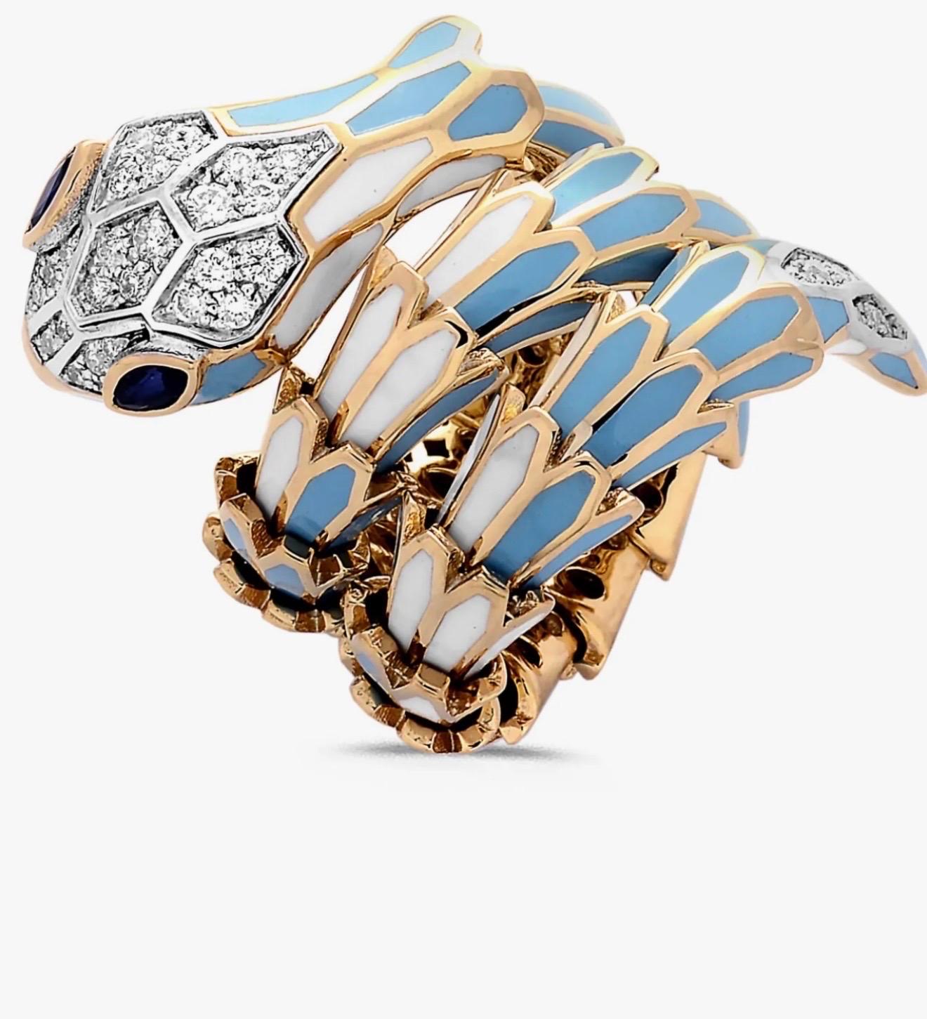 SNAKE COLLECTION , Turquoise & Whiting  Bague serpent, diamants, 18K et sterling en vente 3