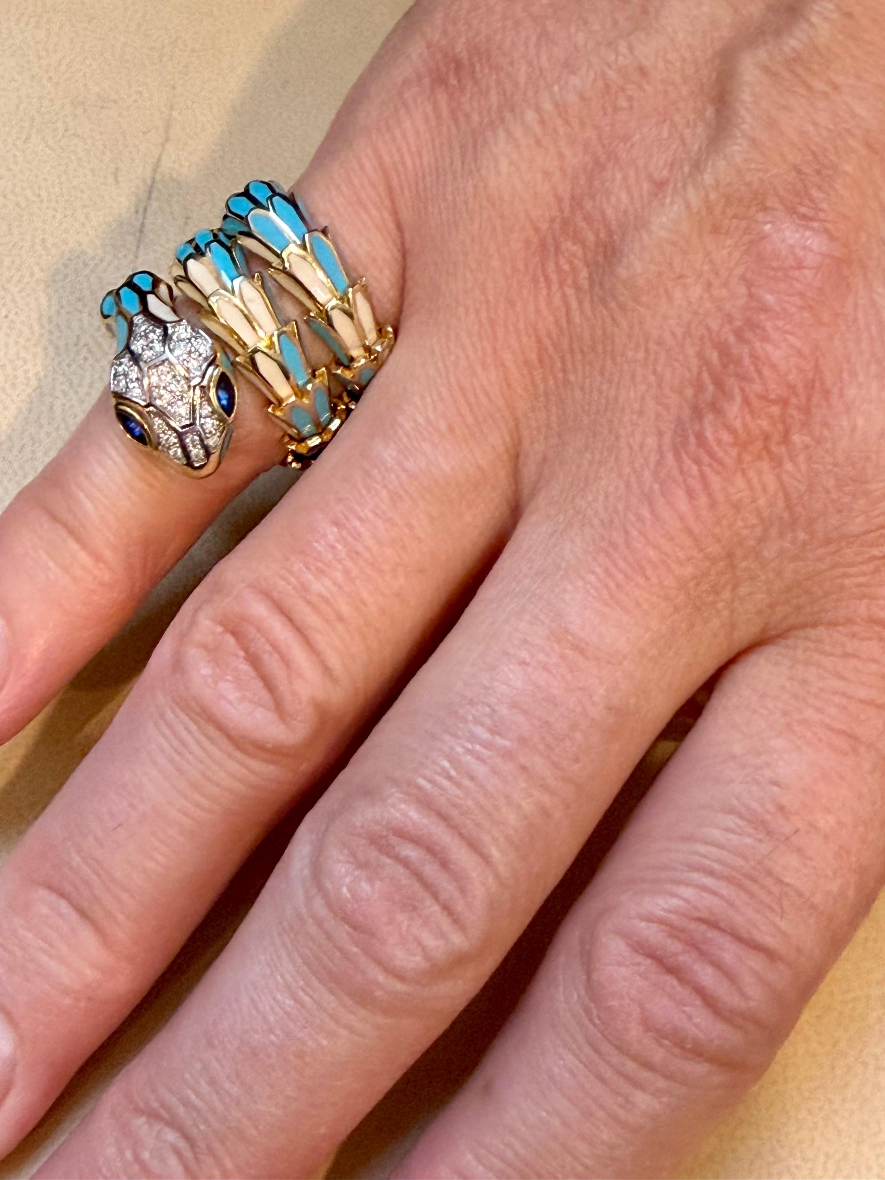 SNAKE COLLECTION , Turquoise & Whiting  Bague serpent, diamants, 18K et sterling en vente 4
