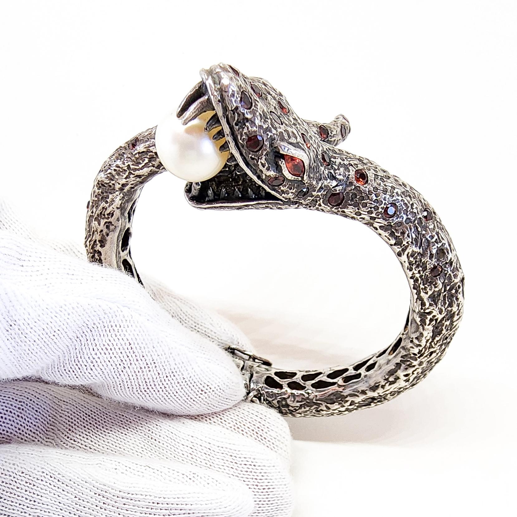 Snake Cuff Bangle Bracelet Orange Sapphire South Sea Pearl Silver Serpent  For Sale 4