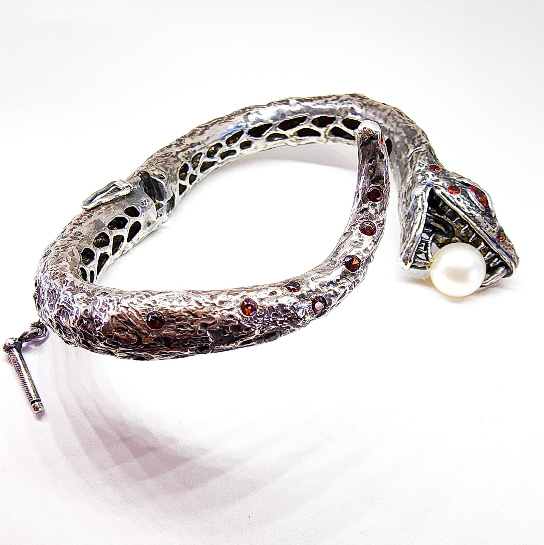 Snake Cuff Bangle Bracelet Orange Sapphire South Sea Pearl Silver Serpent  For Sale 5