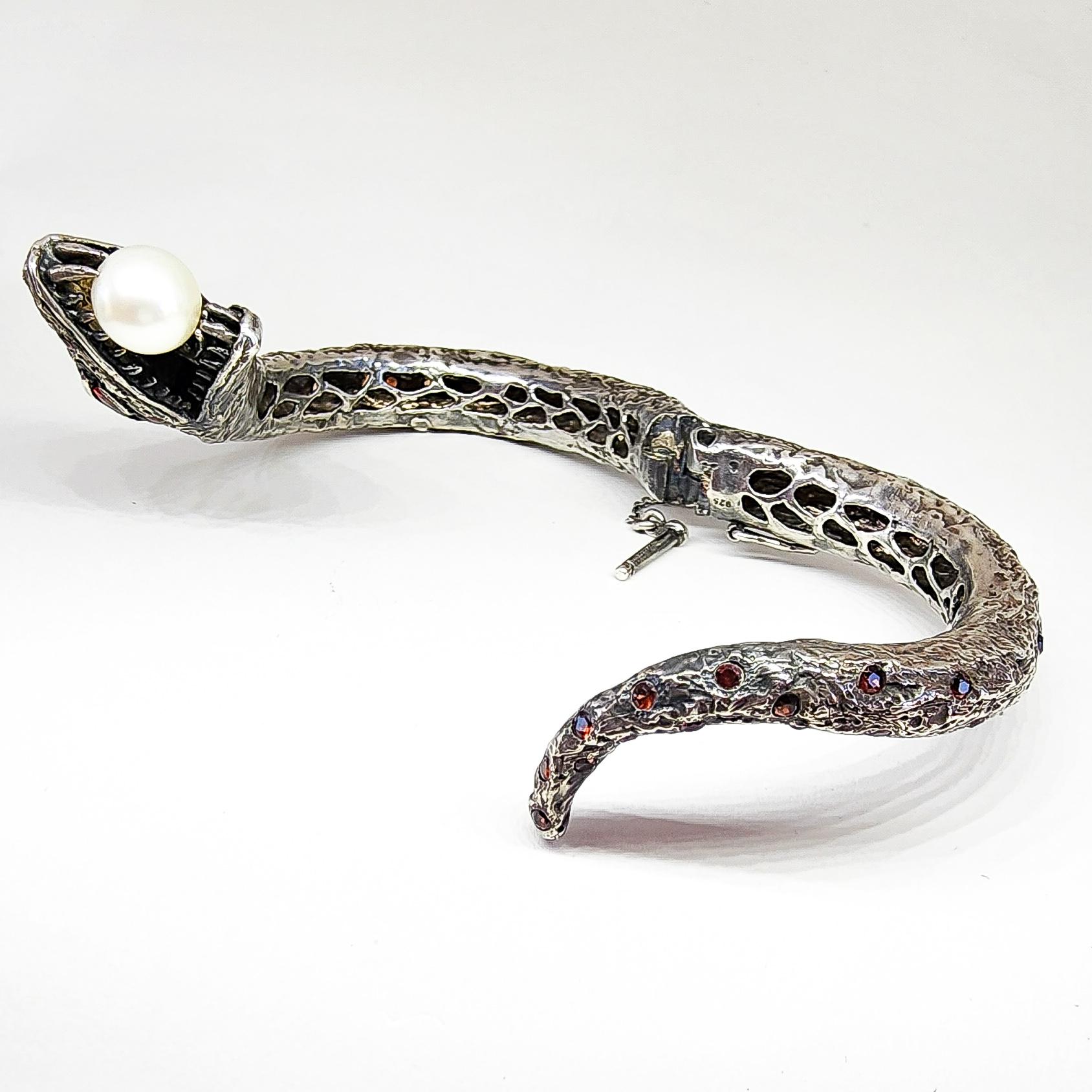 Snake Cuff Bangle Bracelet Orange Sapphire South Sea Pearl Silver Serpent  For Sale 6