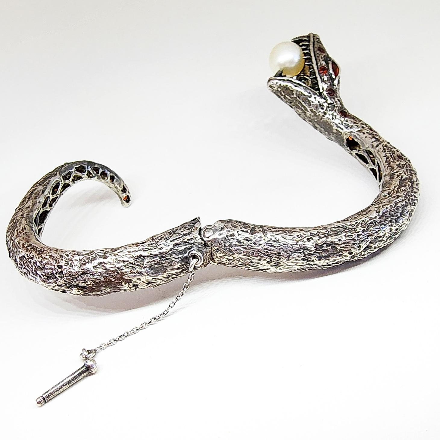 Snake Cuff Bangle Bracelet Orange Sapphire South Sea Pearl Silver Serpent  For Sale 7