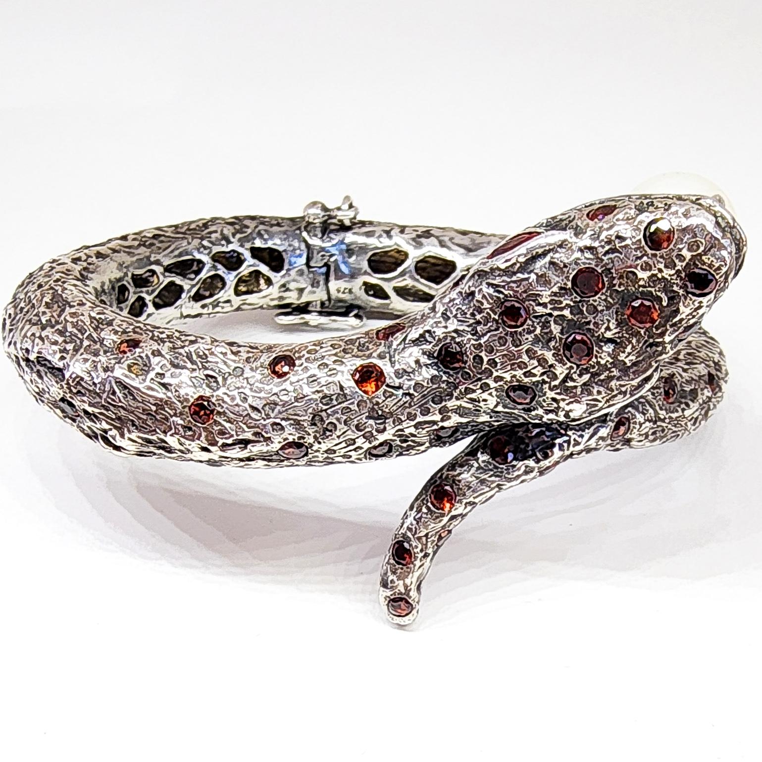 Snake Cuff Bangle Bracelet Orange Sapphire South Sea Pearl Silver Serpent  For Sale 8