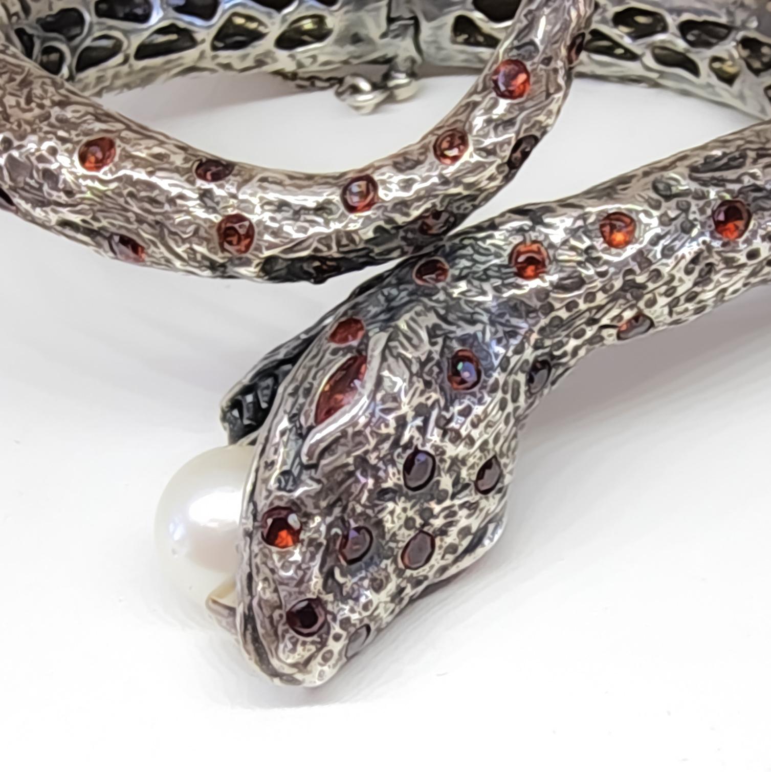 Snake Cuff Bangle Bracelet Orange Sapphire South Sea Pearl Silver Serpent  For Sale 9