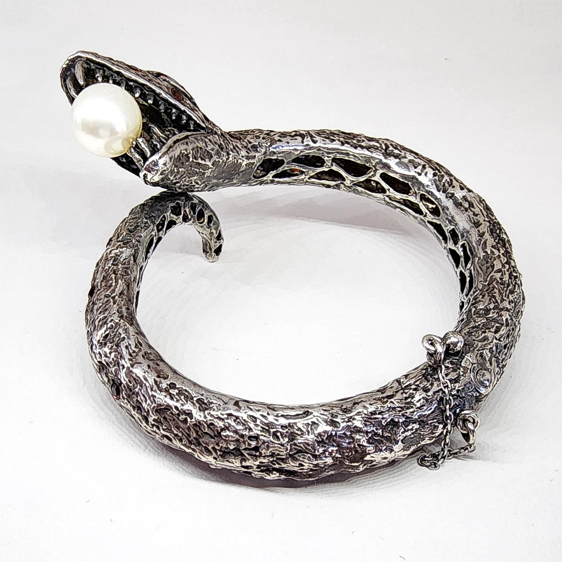 Snake Cuff Bangle Bracelet Orange Sapphire South Sea Pearl Silver Serpent  For Sale 10