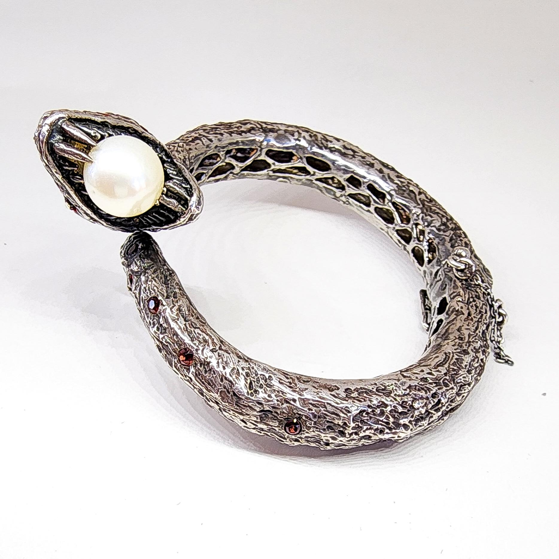 Snake Cuff Bangle Bracelet Orange Sapphire South Sea Pearl Silver Serpent  For Sale 11