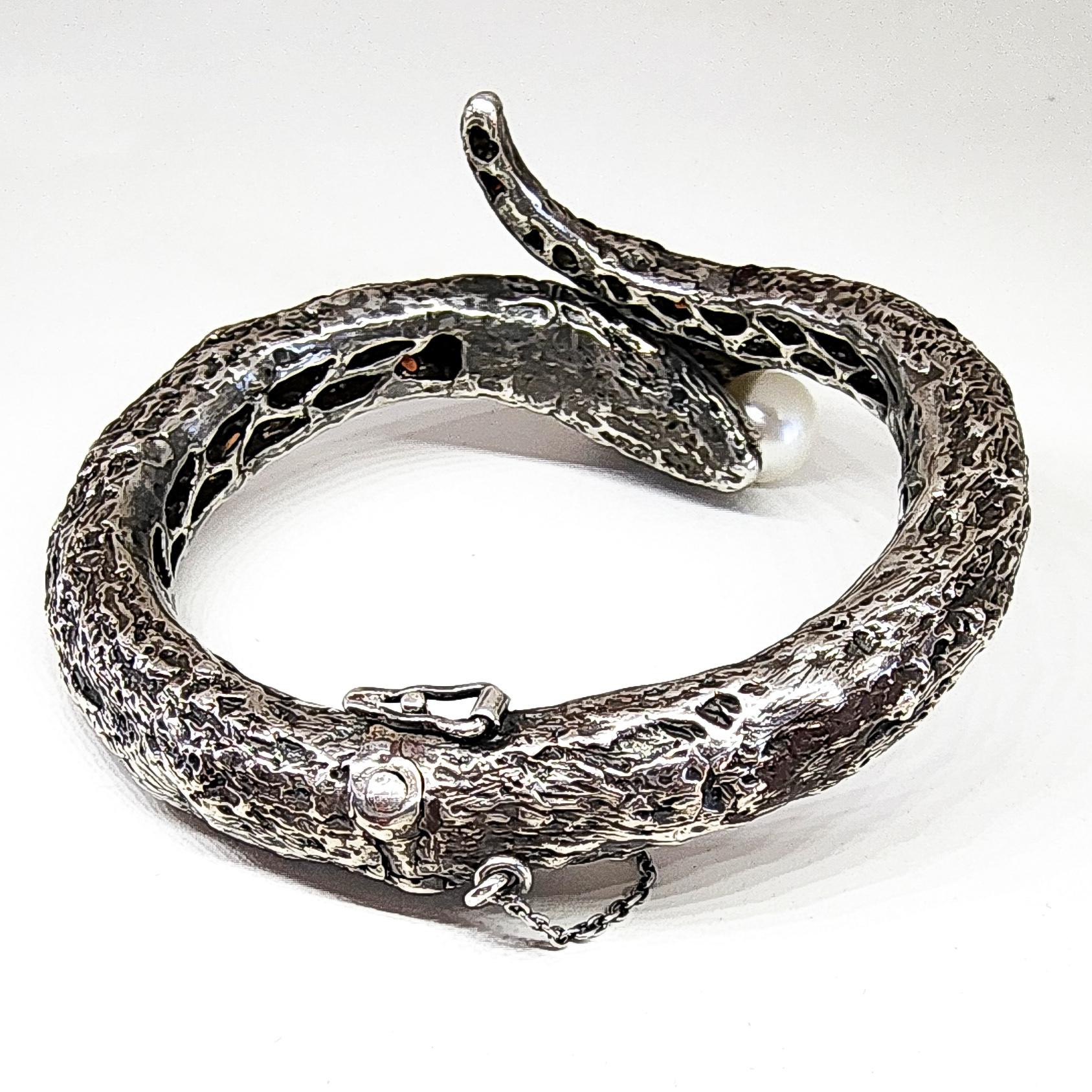 Snake Cuff Bangle Bracelet Orange Sapphire South Sea Pearl Silver Serpent  For Sale 13