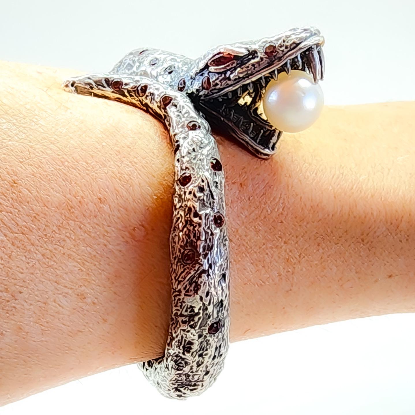 Snake Cuff Bangle Bracelet Orange Sapphire South Sea Pearl Silver Serpent  In New Condition For Sale In Lambertville , NJ