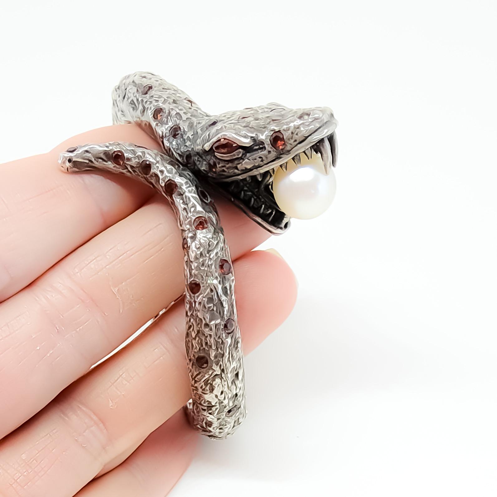 Women's or Men's Snake Cuff Bangle Bracelet Orange Sapphire South Sea Pearl Silver Serpent  For Sale