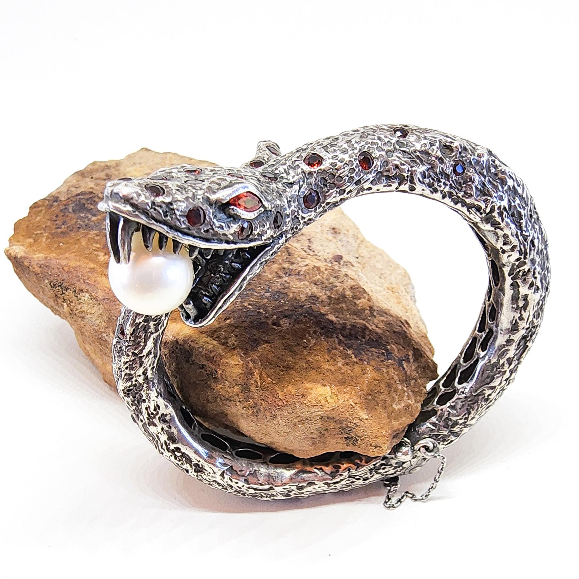 Snake Cuff Bangle Bracelet Orange Sapphire South Sea Pearl Silver Serpent  For Sale 1