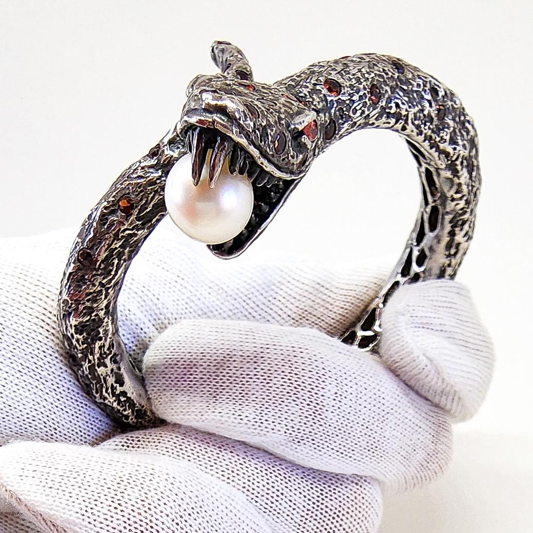 Snake Cuff Bangle Bracelet Orange Sapphire South Sea Pearl Silver Serpent  For Sale 2