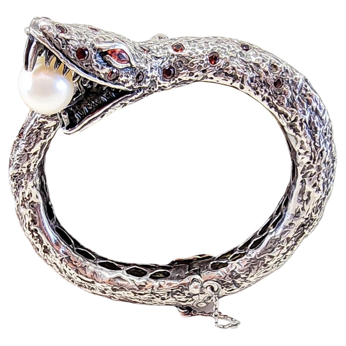 Snake Cuff Bangle Bracelet Orange Sapphire South Sea Pearl Silver Serpent