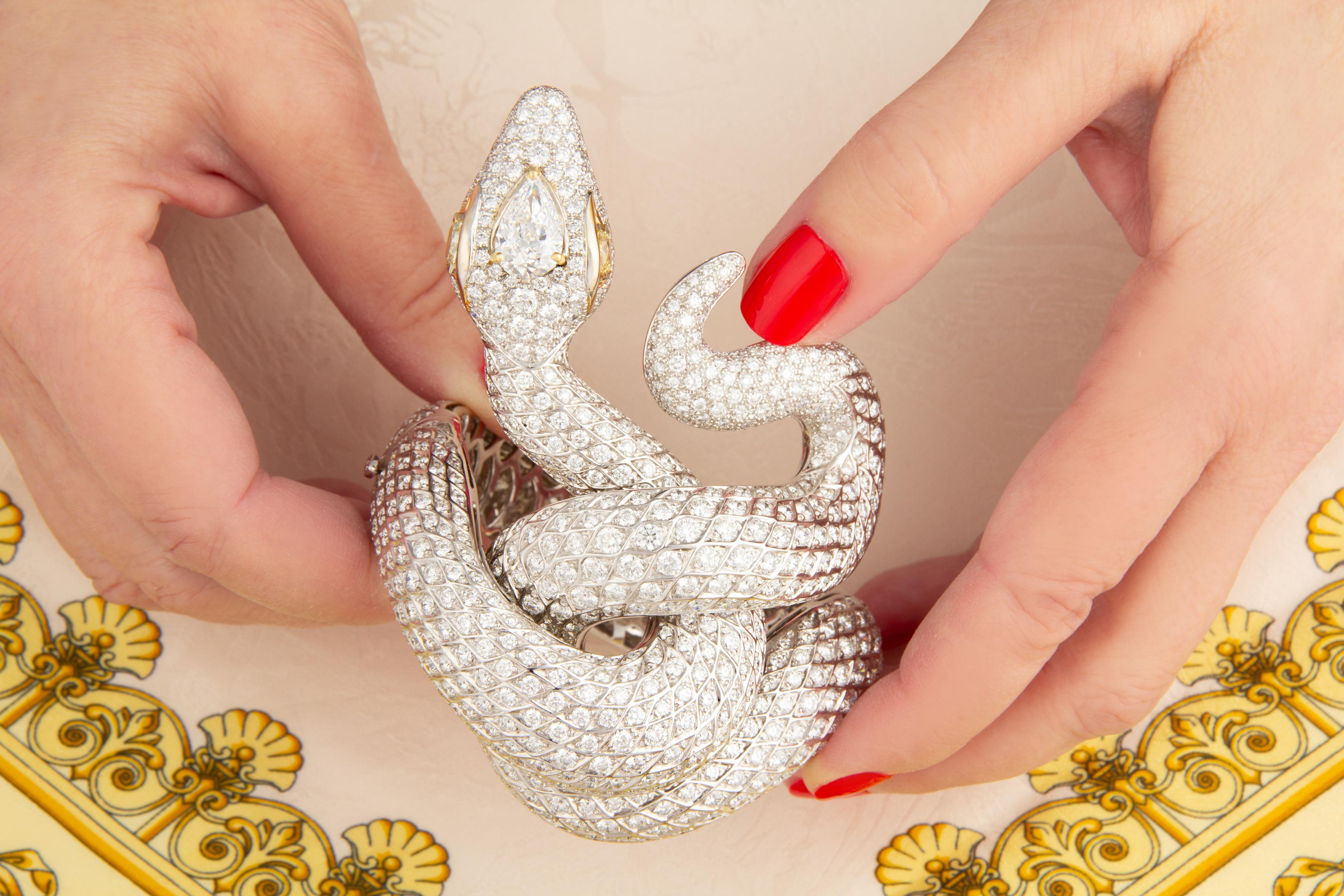Artist Snake Cuff Bracelet Diamonds “Basilisk” Design by Ella Gafter For Sale