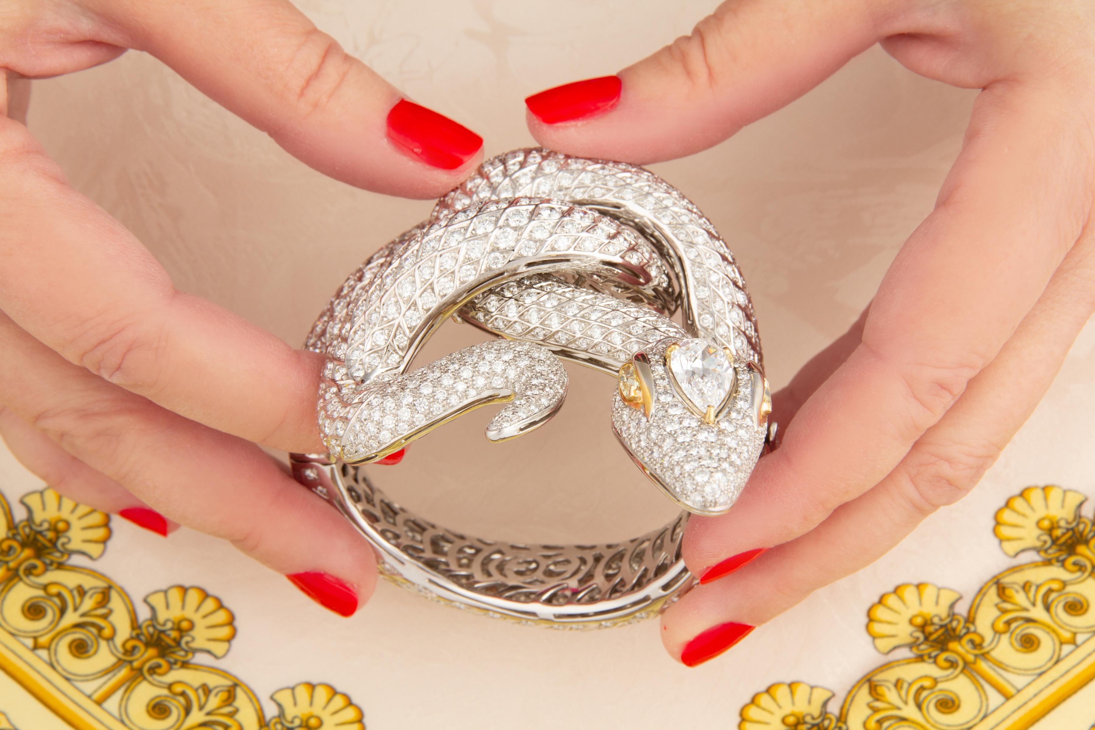 Brilliant Cut Snake Cuff Bracelet Diamonds “Basilisk” Design by Ella Gafter For Sale