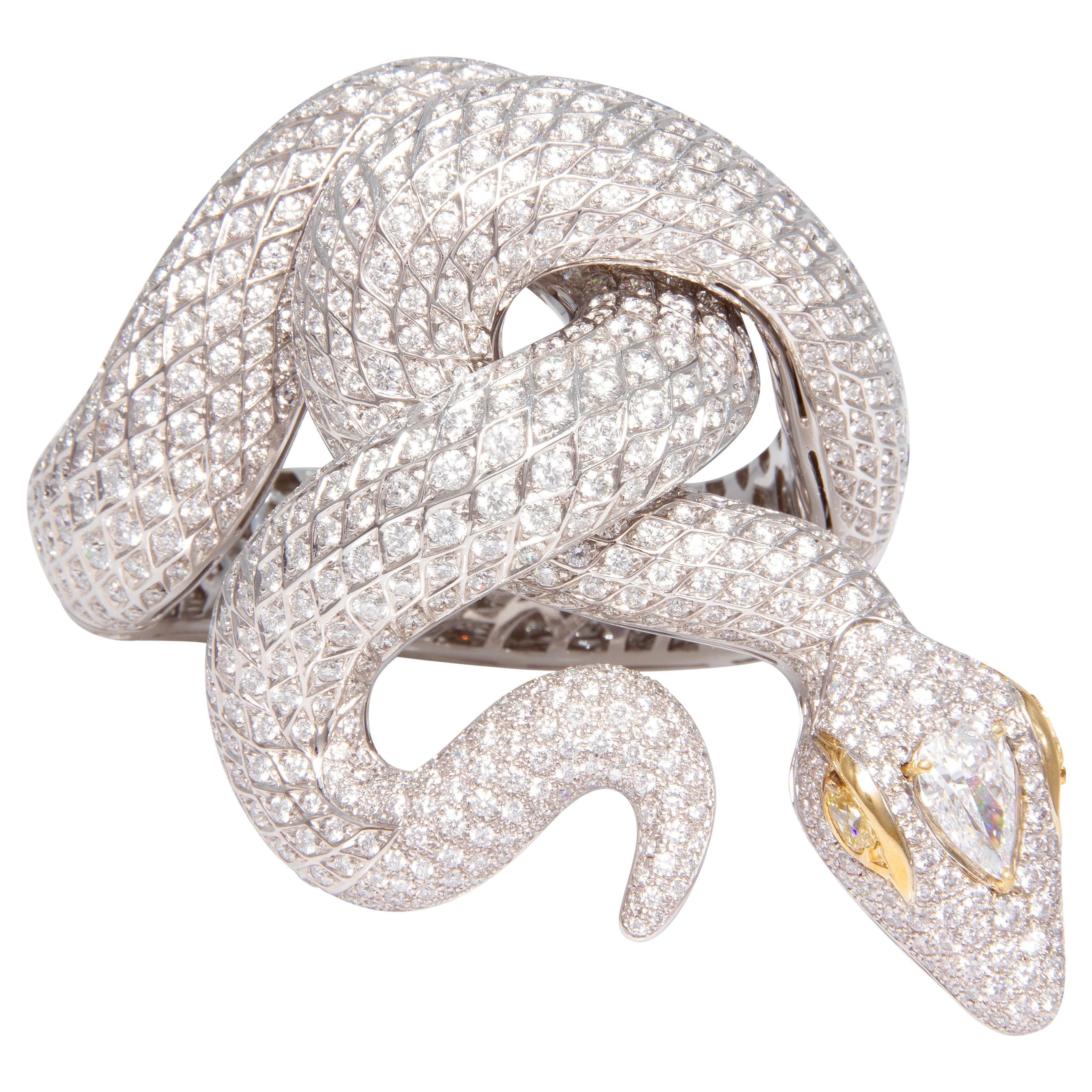 Snake Cuff Bracelet Diamonds “Basilisk” Design by Ella Gafter For Sale