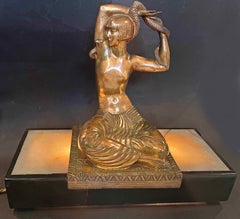 "Snake Dancer", Fine Art Deco Sculpture w/ Female Nude, Lighted Alabaster Base