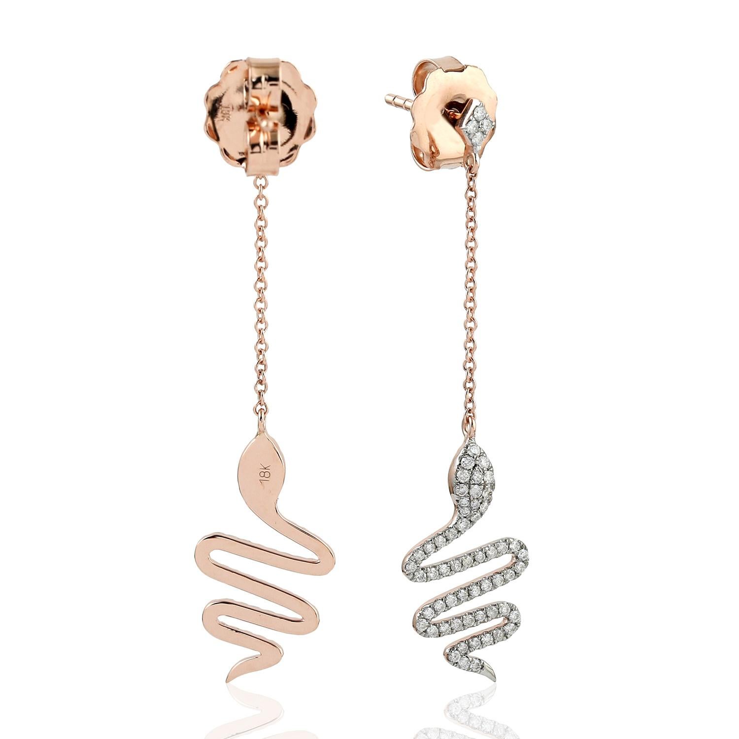 Single Cut Snake Diamond 18 Karat Gold Drop Earrings For Sale