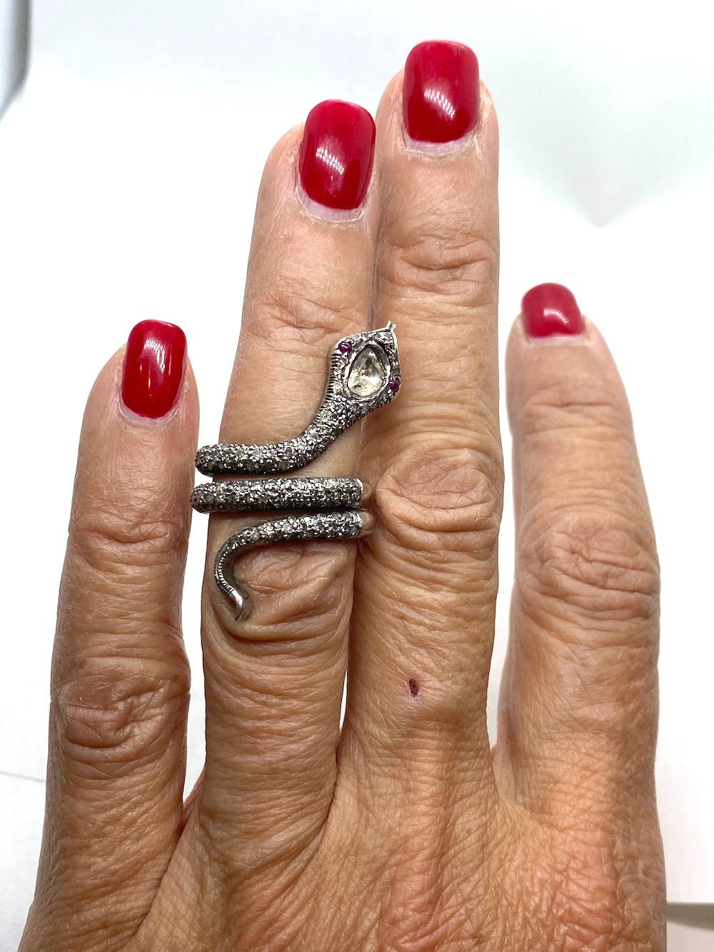 Egyptian Revival Snake Diamond and Ruby Ring 1.30 Carat Total