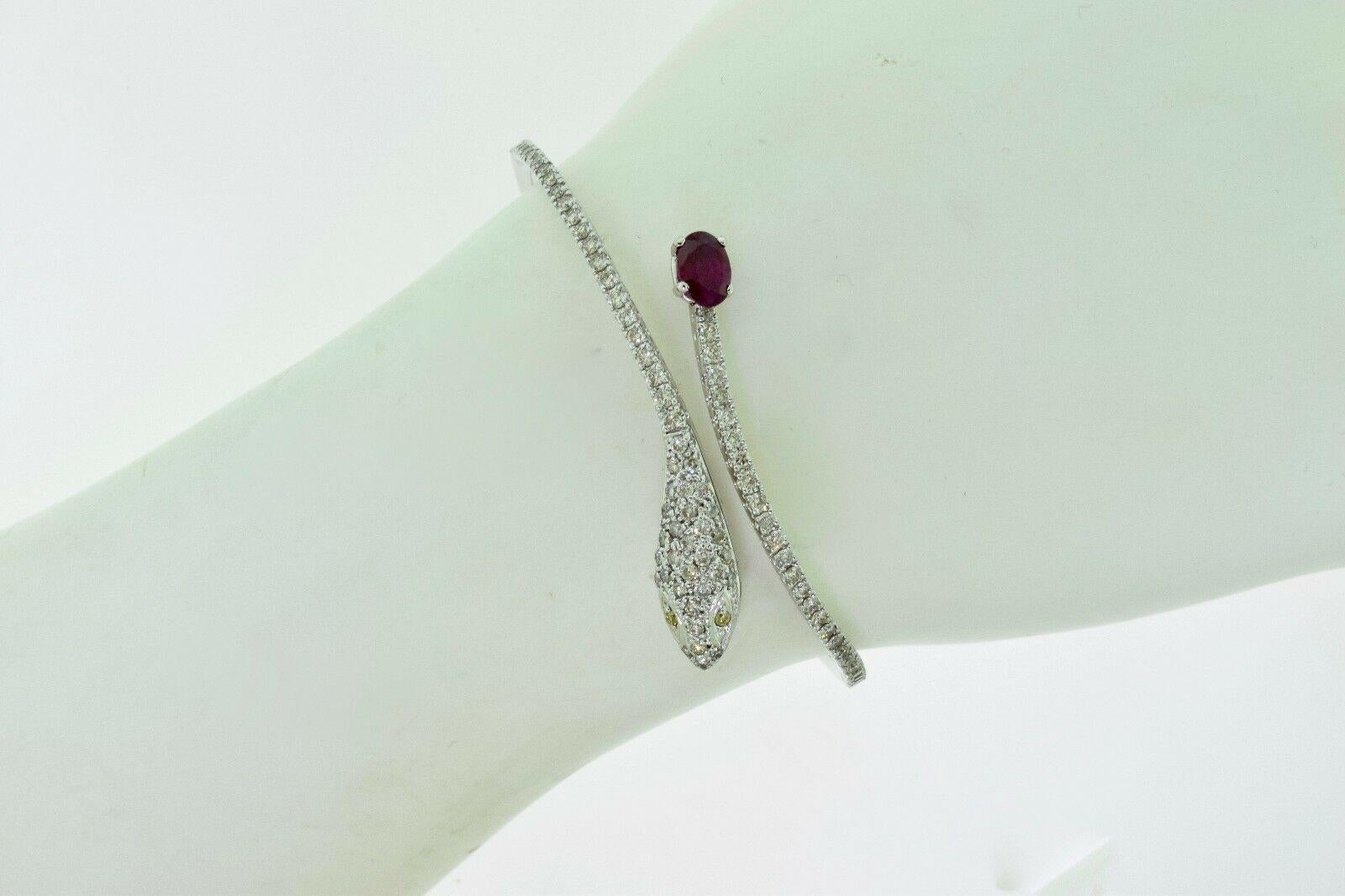 Women's or Men's Snake Diamond Bracelet with Ruby Tail and Yellow Diamond Eyes For Sale