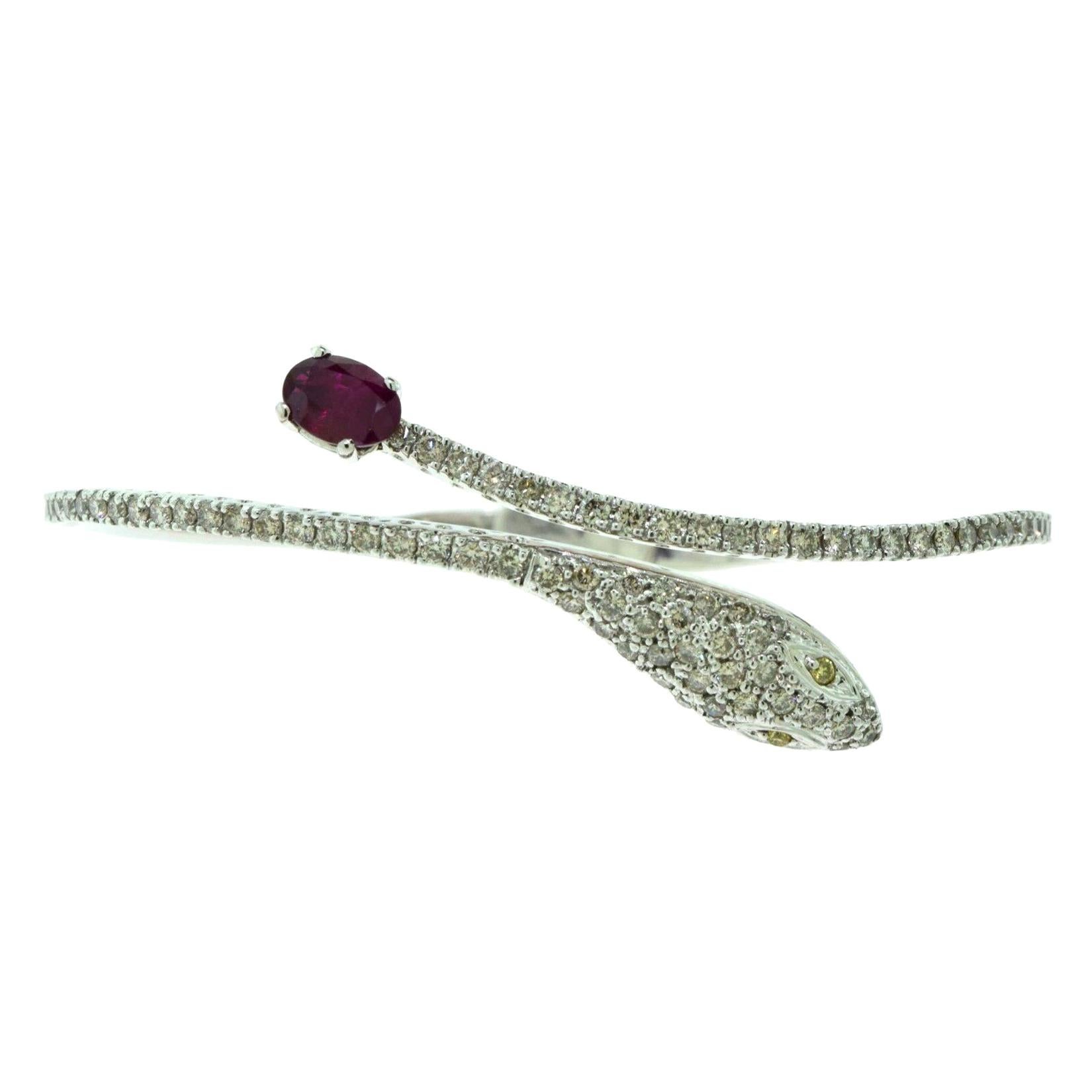 Snake Diamond Bracelet with Ruby Tail and Yellow Diamond Eyes For Sale