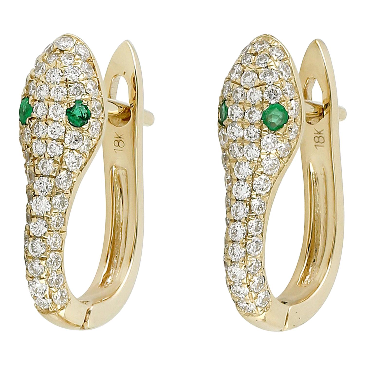 Snake Diamond Emerald 18 Karat Gold Huggie Stud Earrings