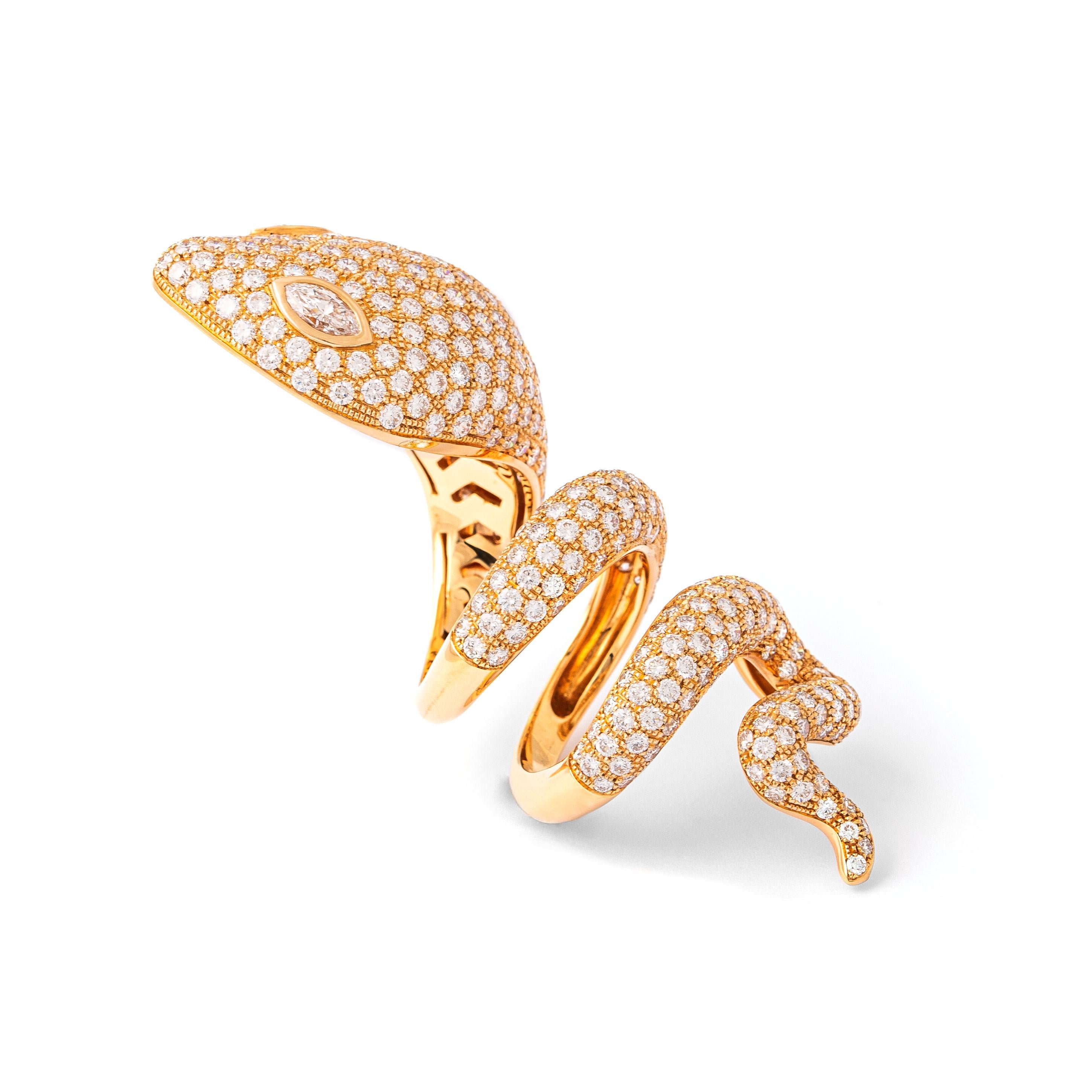 Snack ring in 18kt pink gold set with 376 diamonds 10.24 cts and 2 marquise cut daimonds 0.71 cts Size 56  

Length on the finger: 7 centimeters (2.76 inches)

Total weight: 30.99 grams.      