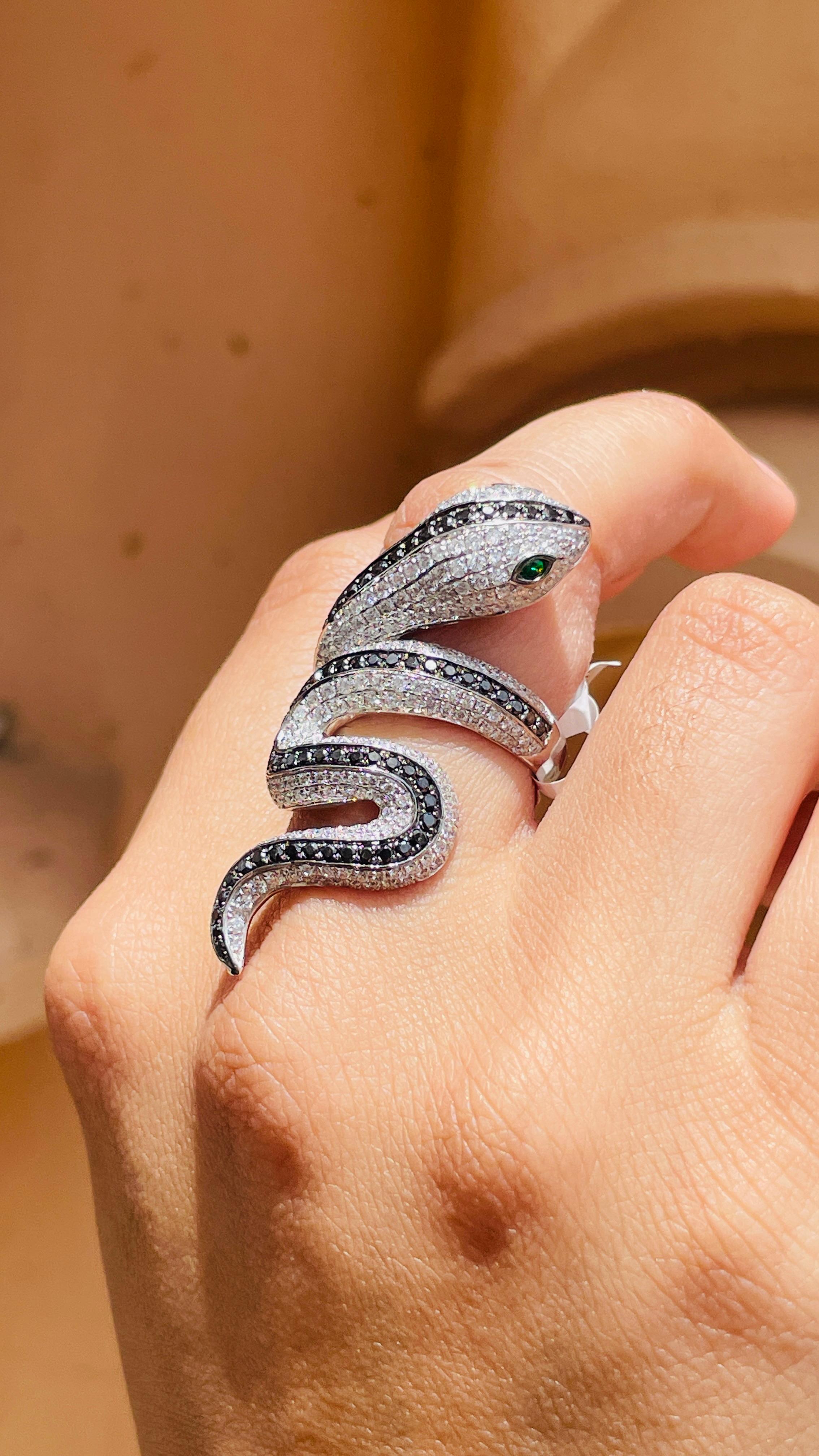 For Sale:  Tsavorite Eye and Diamond Snake Coil Ring in 18k Solid White Gold 11