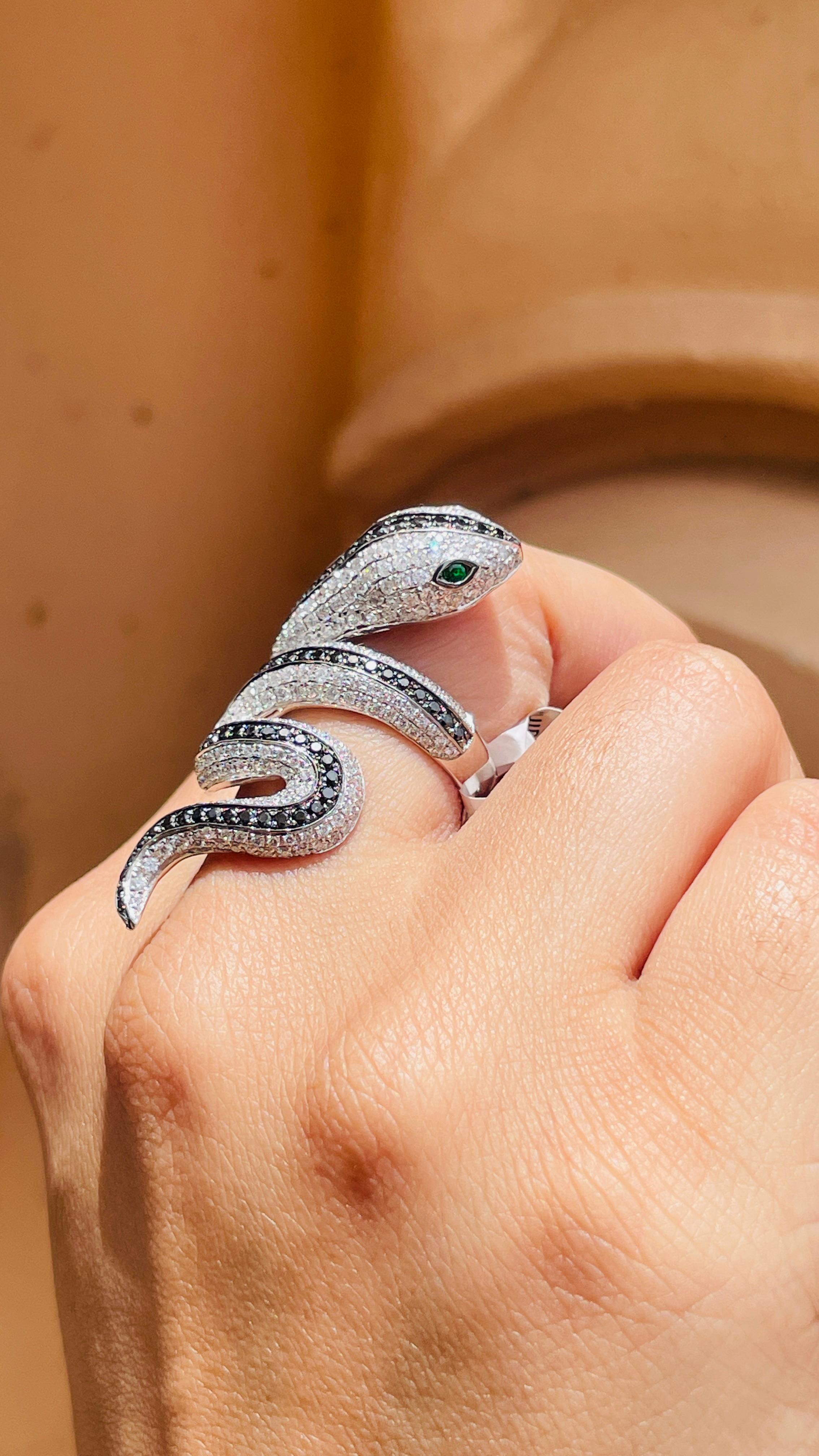 For Sale:  Tsavorite Eye and Diamond Snake Coil Ring in 18k Solid White Gold 4