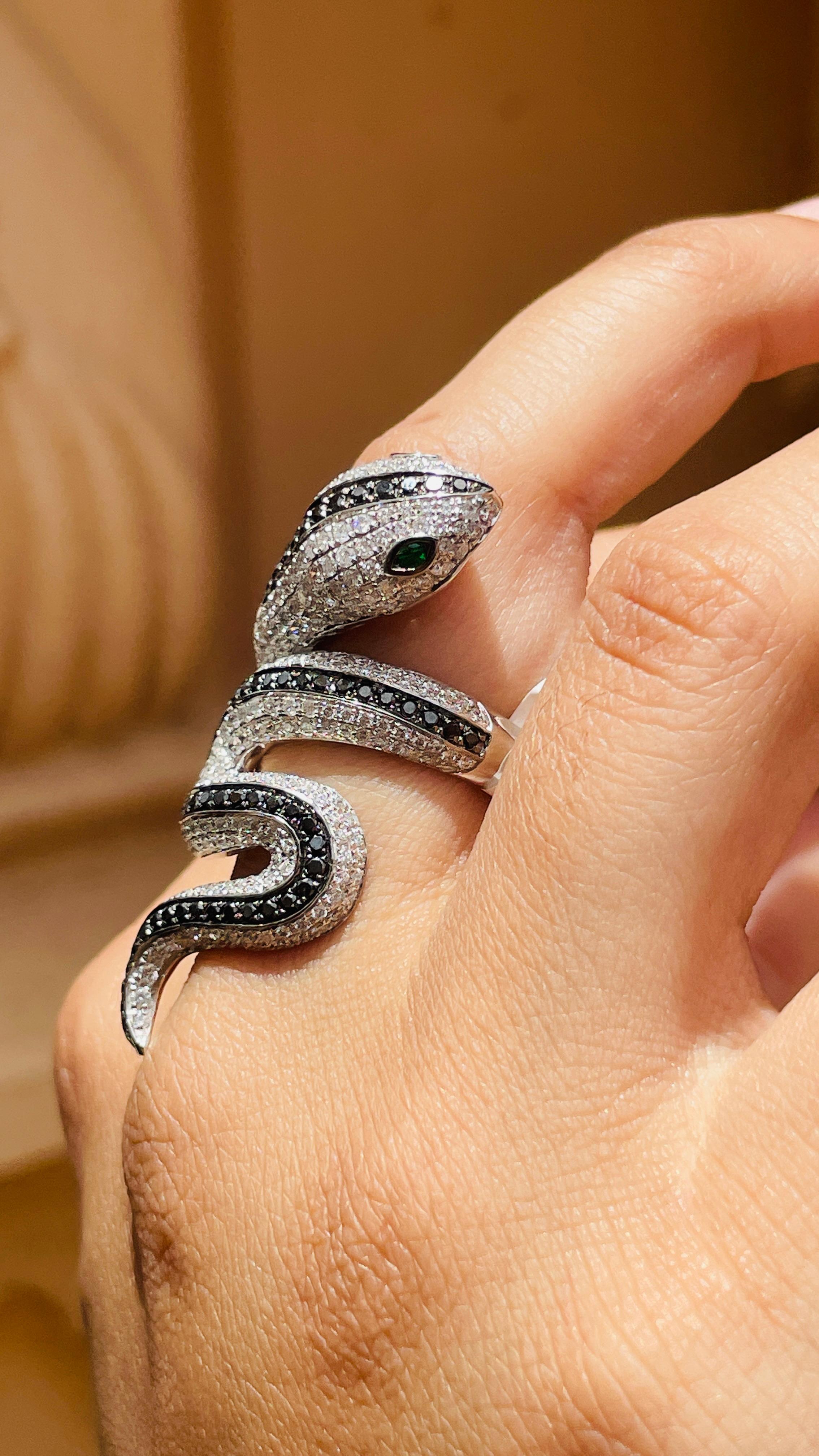 For Sale:  Tsavorite Eye and Diamond Snake Coil Ring in 18k Solid White Gold 2