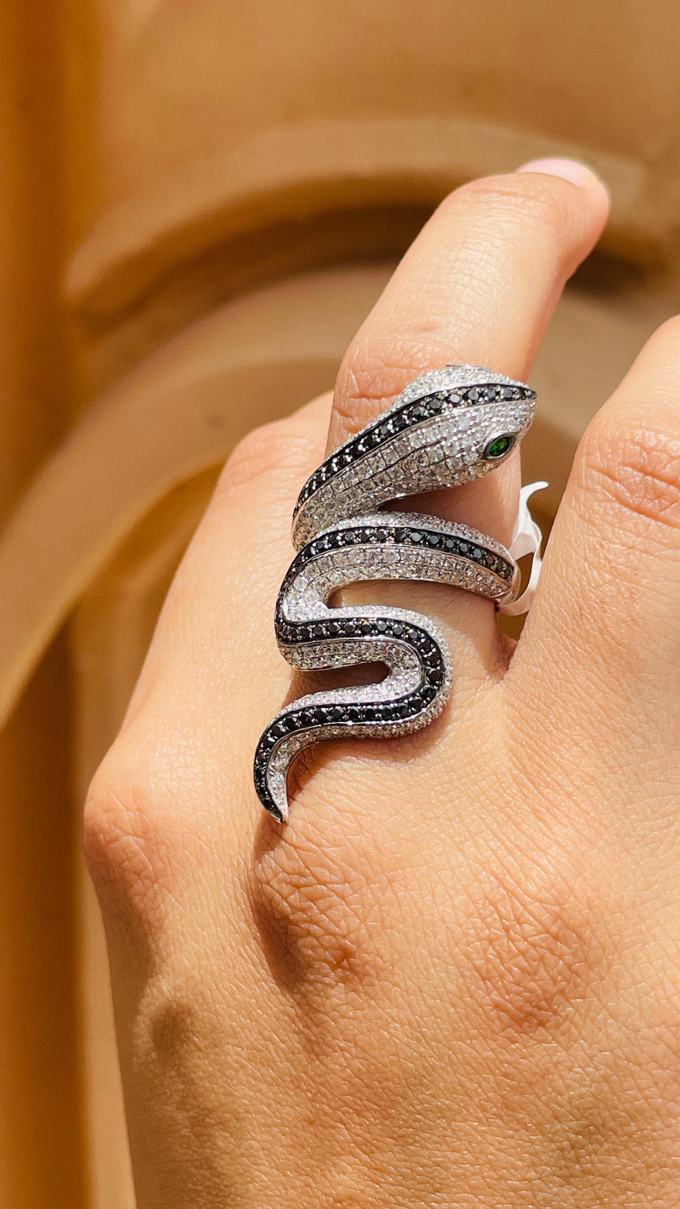 For Sale:  Tsavorite Eye and Diamond Snake Coil Ring in 18k Solid White Gold 13