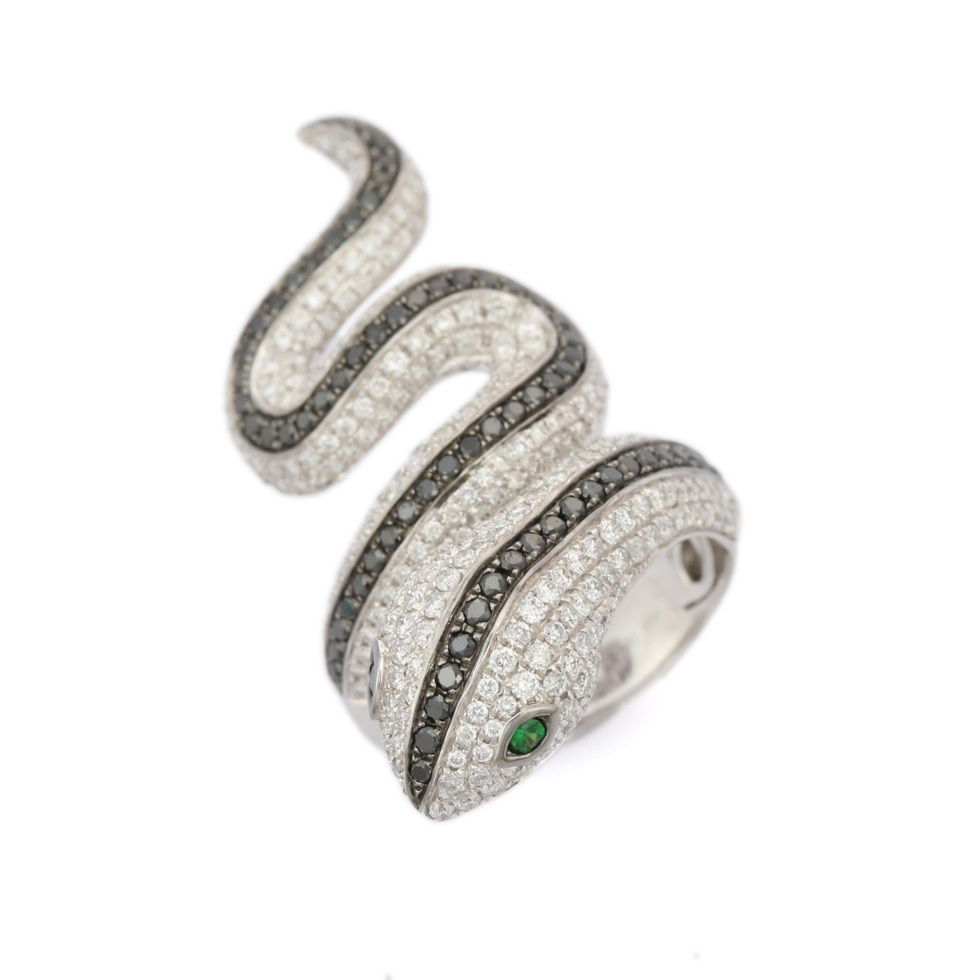 For Sale:  Tsavorite Eye and Diamond Snake Coil Ring in 18k Solid White Gold 3