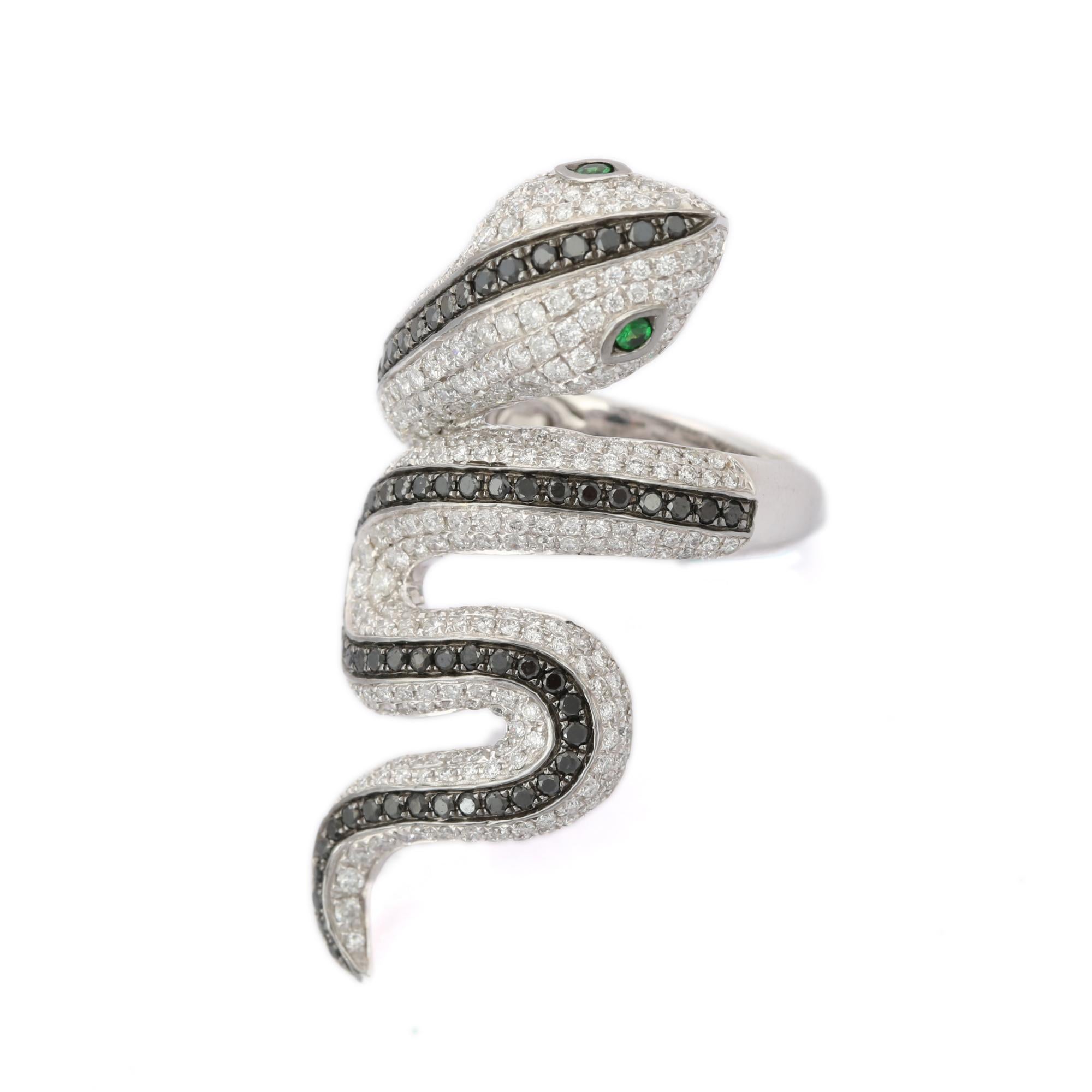 For Sale:  Tsavorite Eye and Diamond Snake Coil Ring in 18k Solid White Gold 6