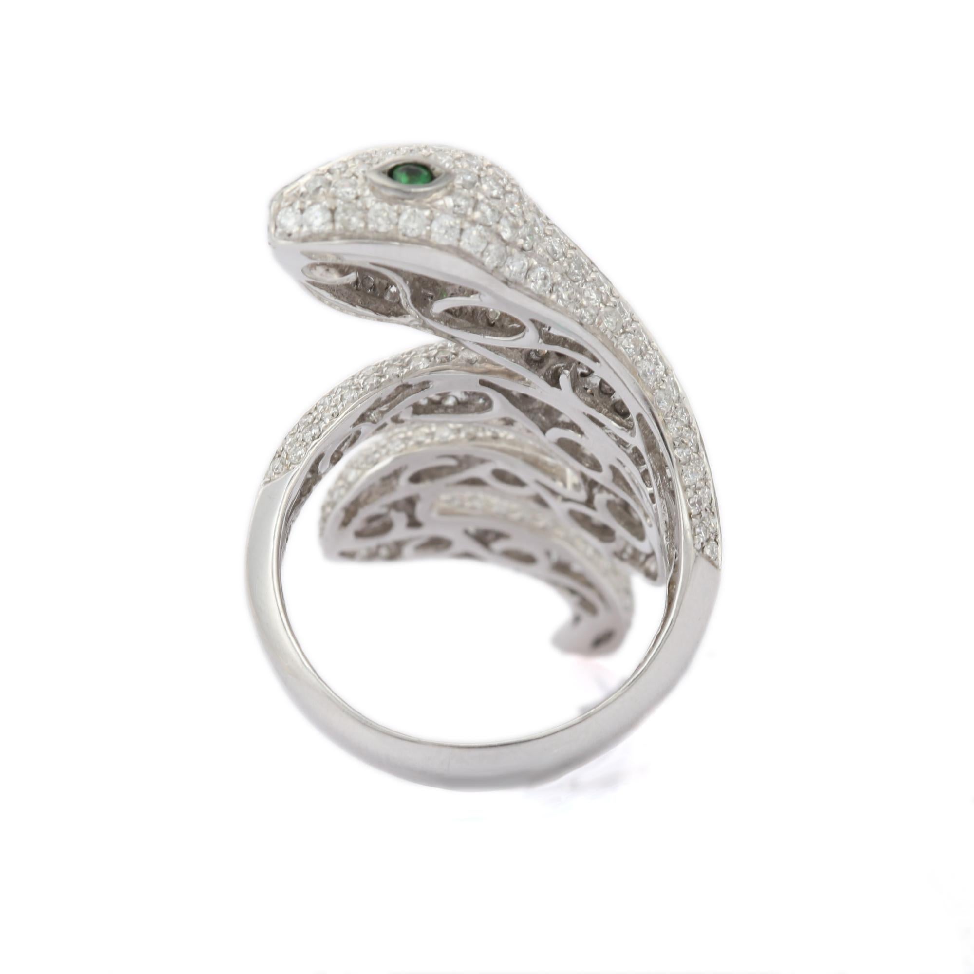 For Sale:  Tsavorite Eye and Diamond Snake Coil Ring in 18k Solid White Gold 8