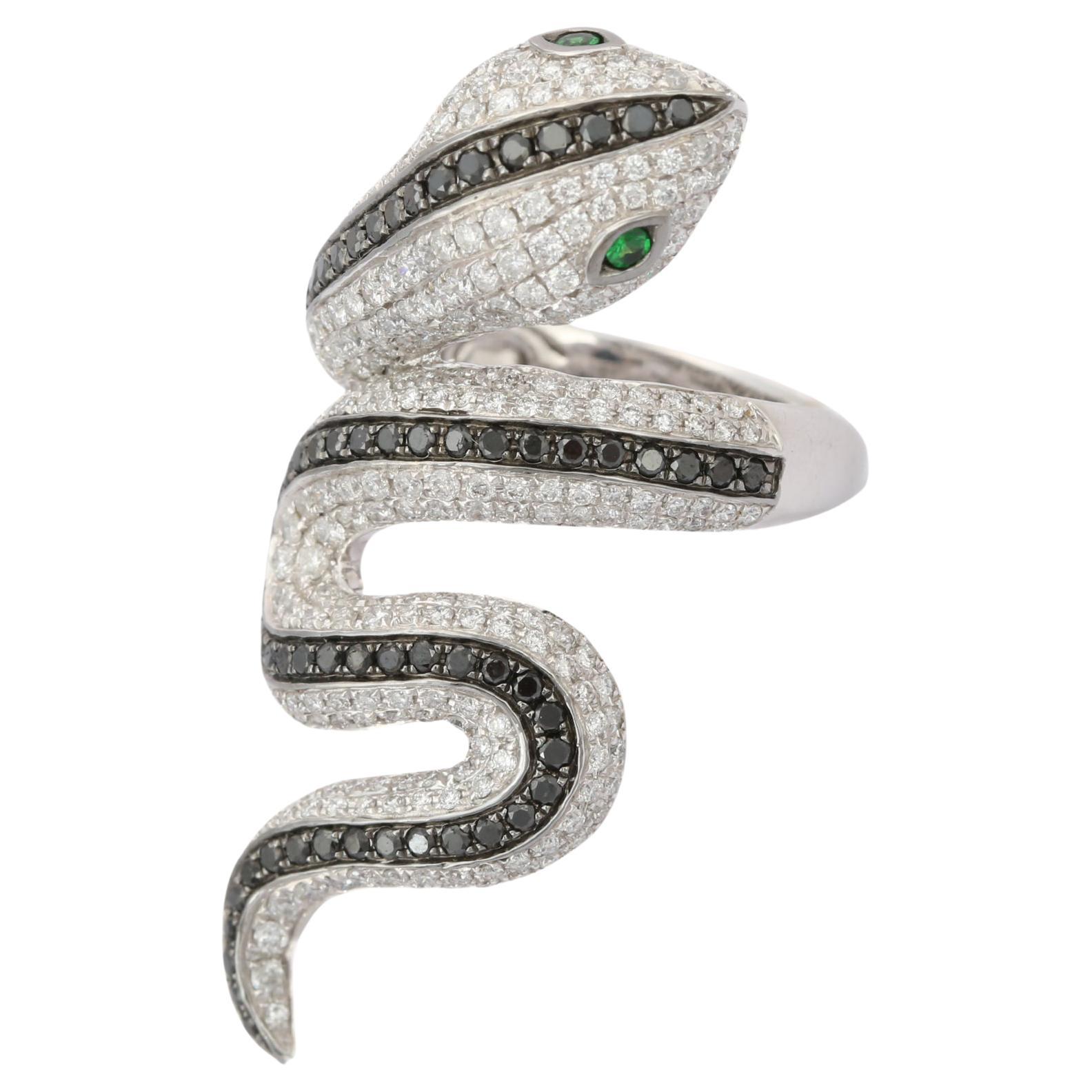 For Sale:  Tsavorite Eye and Diamond Snake Coil Ring in 18k Solid White Gold