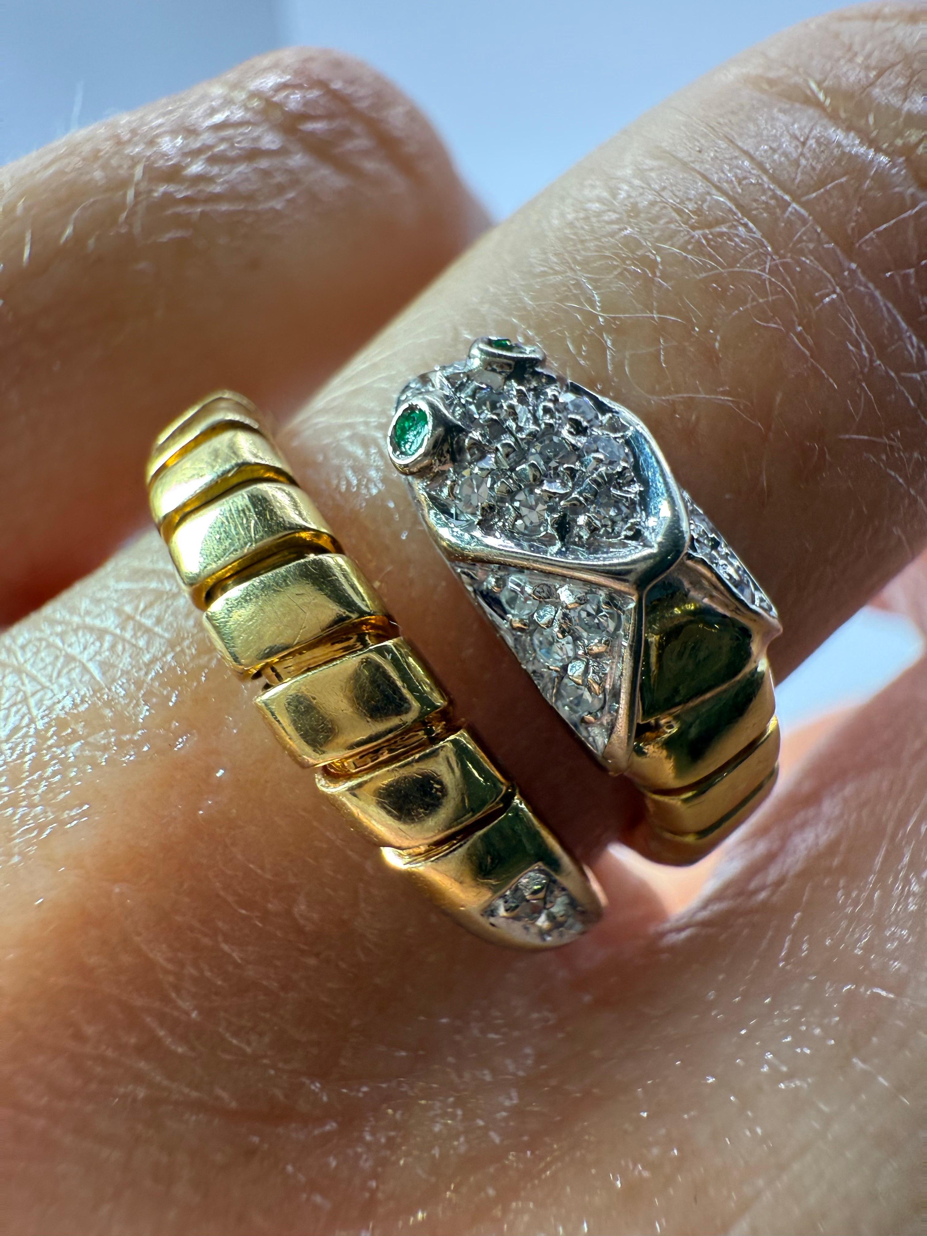 Round Cut Snake Diamond ring movable ring 18KT yellow gold emerald eye ring For Sale