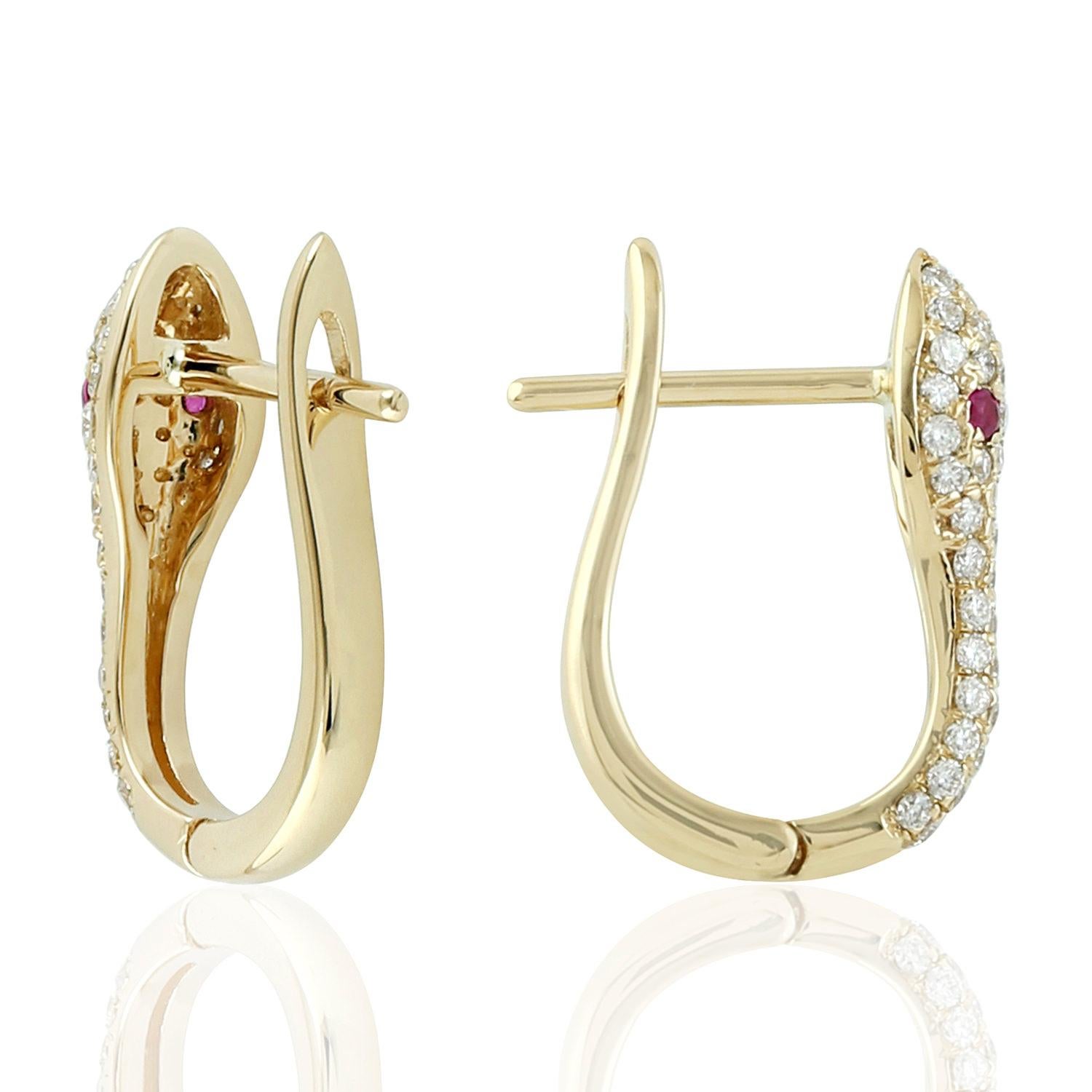 Contemporary Snake Diamond Ruby 14 Karat Gold Huggie Stud Earrings For Sale