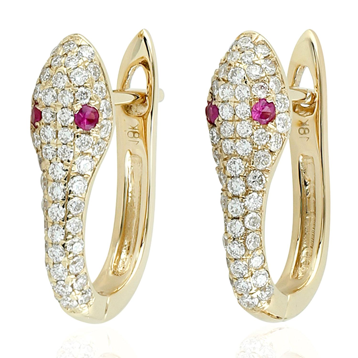 Single Cut Snake Diamond Ruby 14 Karat Gold Huggie Stud Earrings For Sale