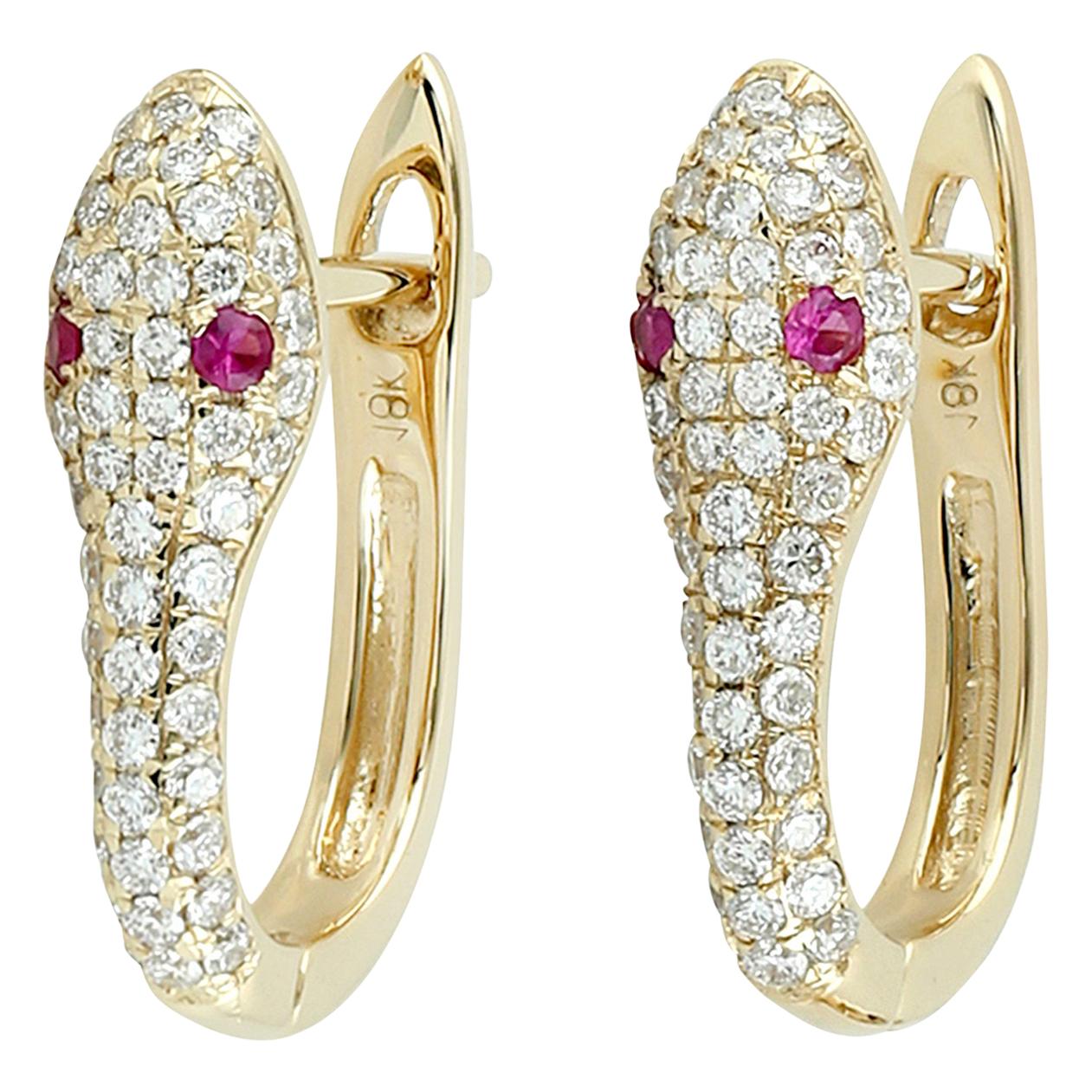 Snake Diamond Ruby 14 Karat Gold Huggie Stud Earrings