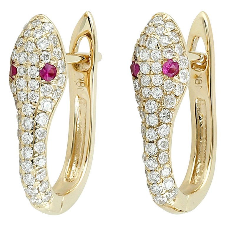 Snake Diamond Ruby 14 Karat Gold Huggie Stud Earrings at 1stDibs